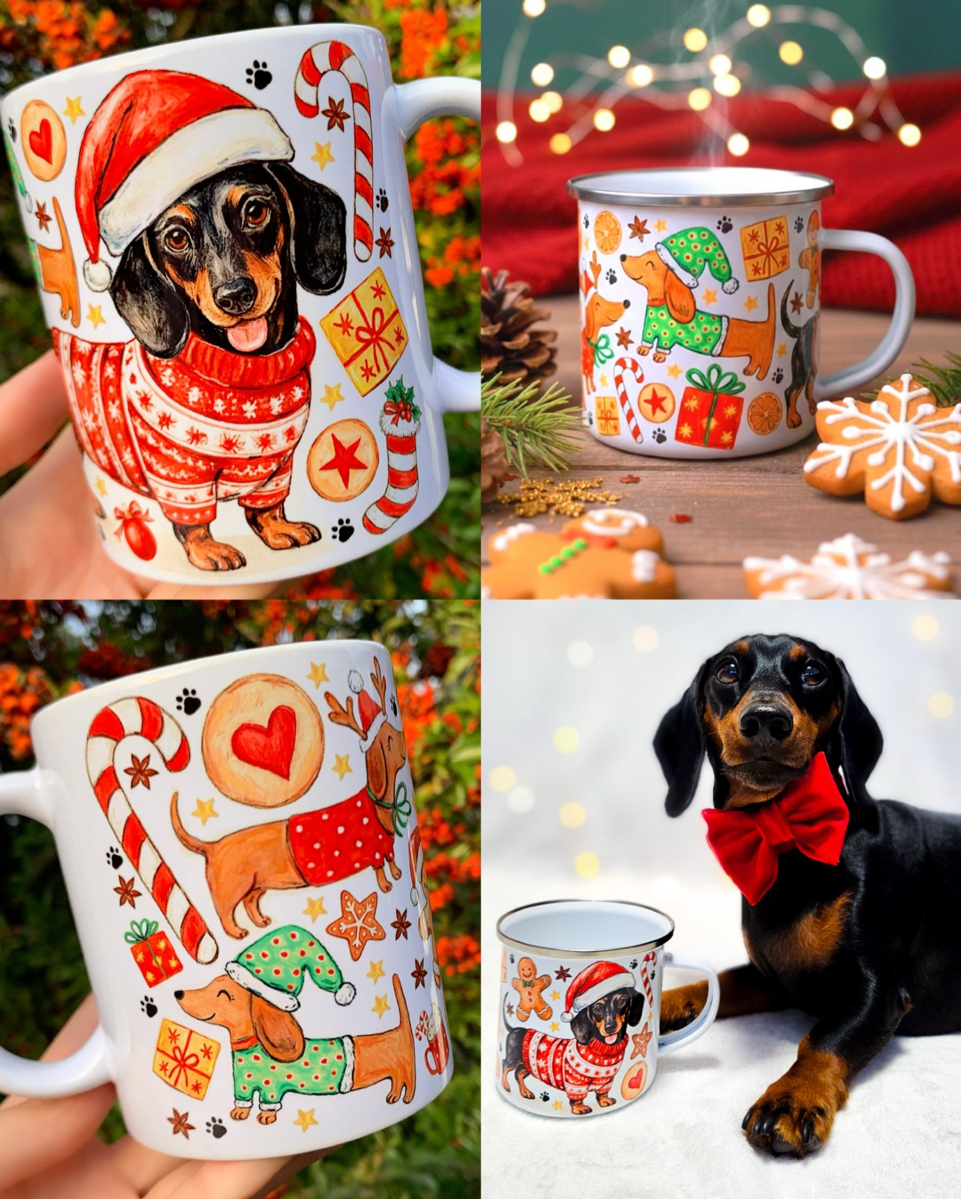 Tacskó mintás karácsonyi bögre részlet, akvarell festett stílusban. Téli öltözetes tacskók és karácsonyi motívumok láthatók. Egyedi prémium bögre gazdiknak.