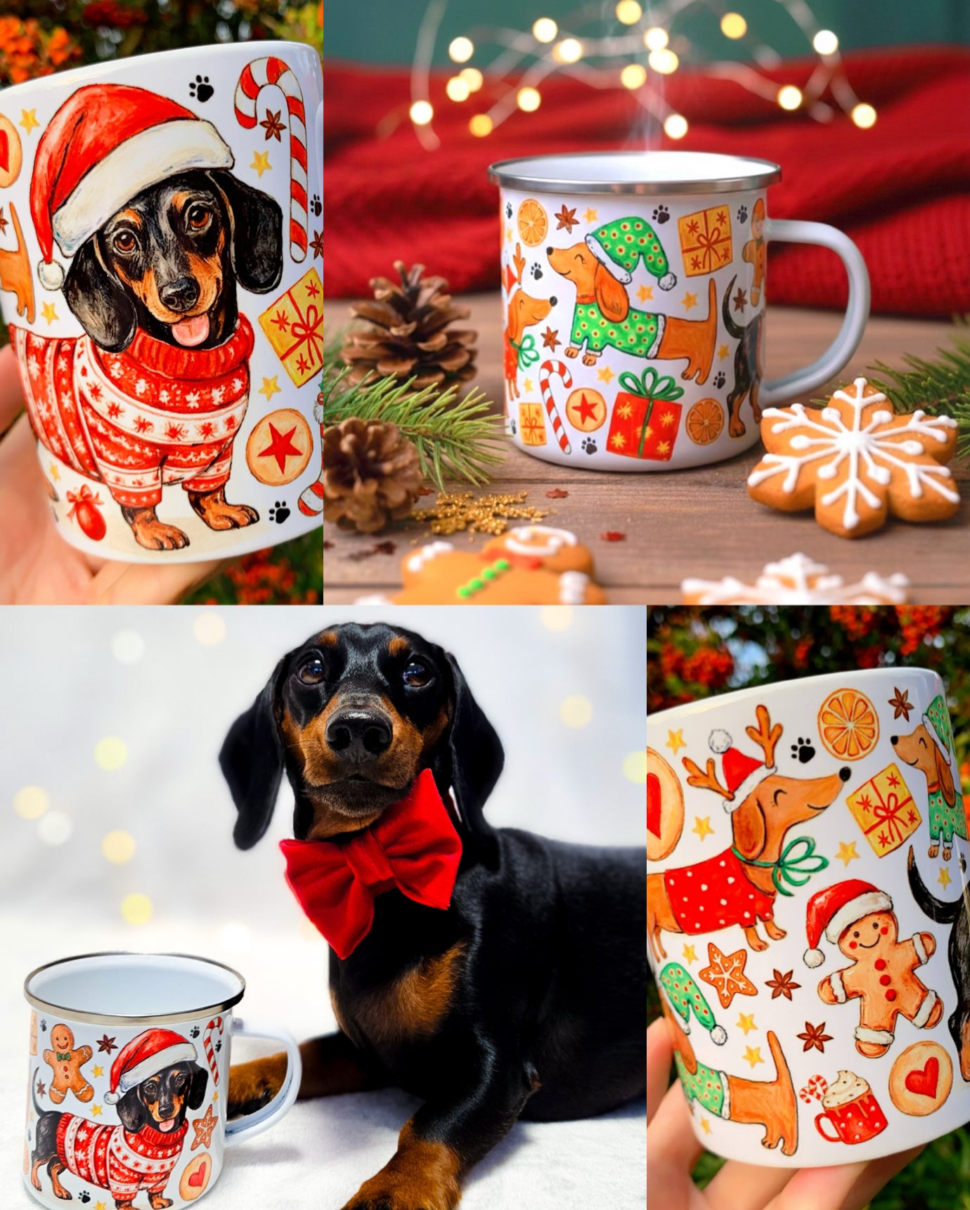 Tacskós karácsonyi bögre részletfotó kézzel festett akvarell mintával. Mikulás-sapkás tacskók és mézeskalács figurák ünnepi elrendezésben. Egyedi kutyás bögre karácsonyi ajándéknak.