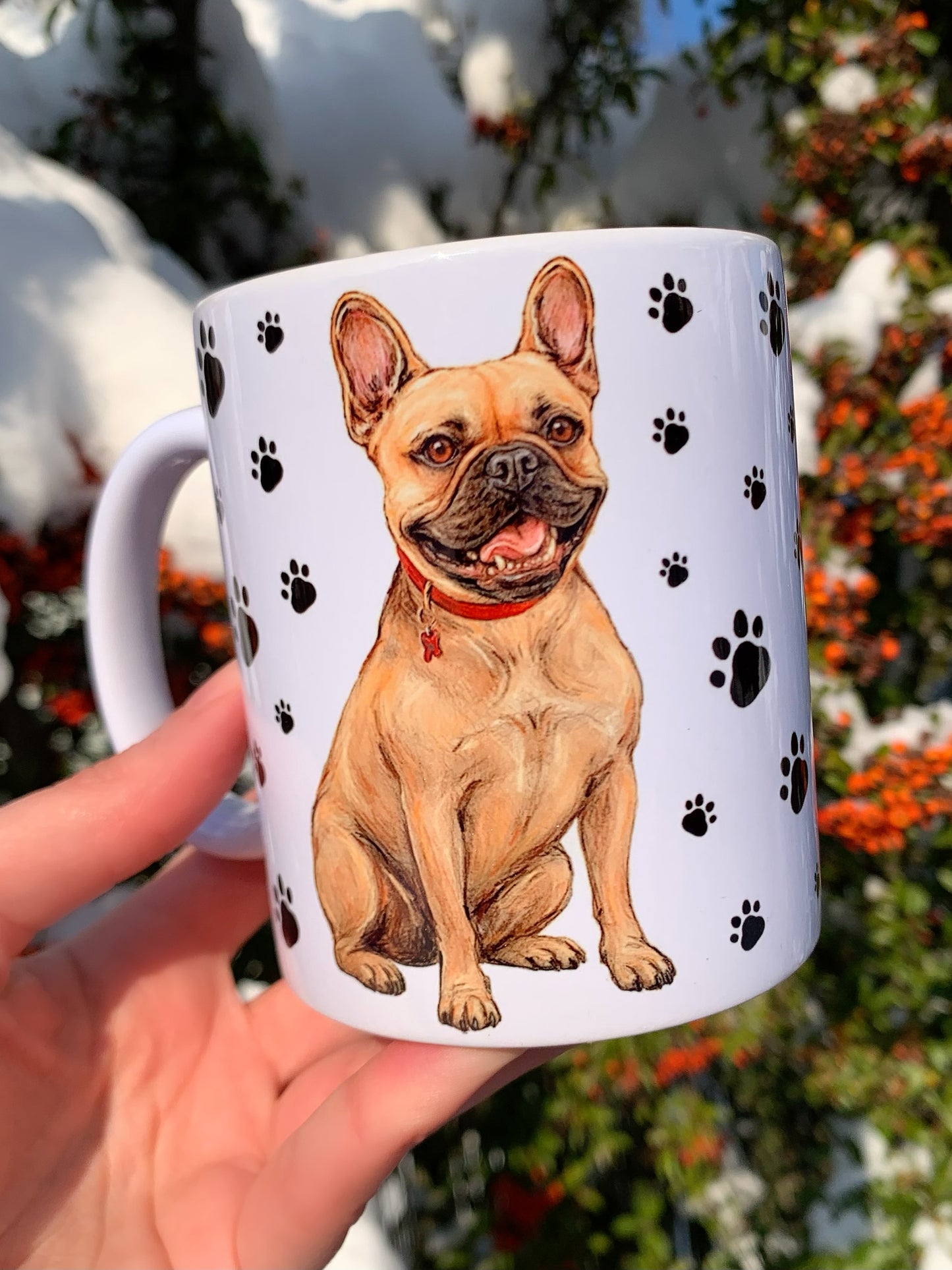 Francia bulldog kutyás bögre - Kézzel festett ülő Francia bulldog kutya piros nyakörves mintával