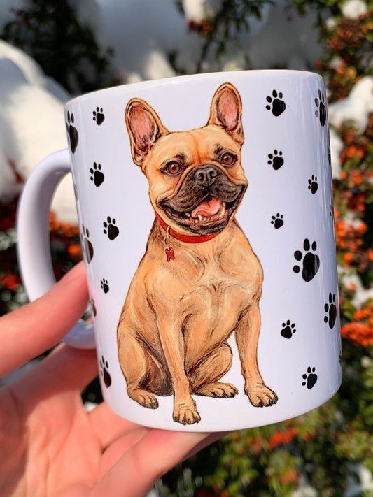 Francia bulldog kutyás bögre - Kézzel festett ülő Francia bulldog kutya piros nyakörves mintával