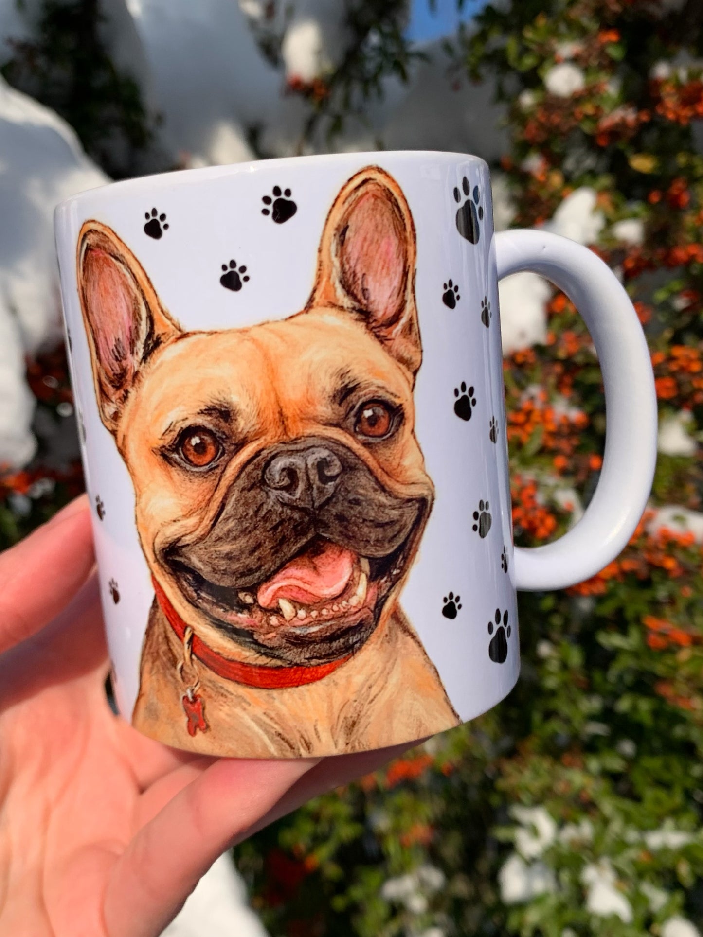 Francia bulldog kutyás bögre - Kézzel festett ülő Francia bulldog kutya piros nyakörves mintával