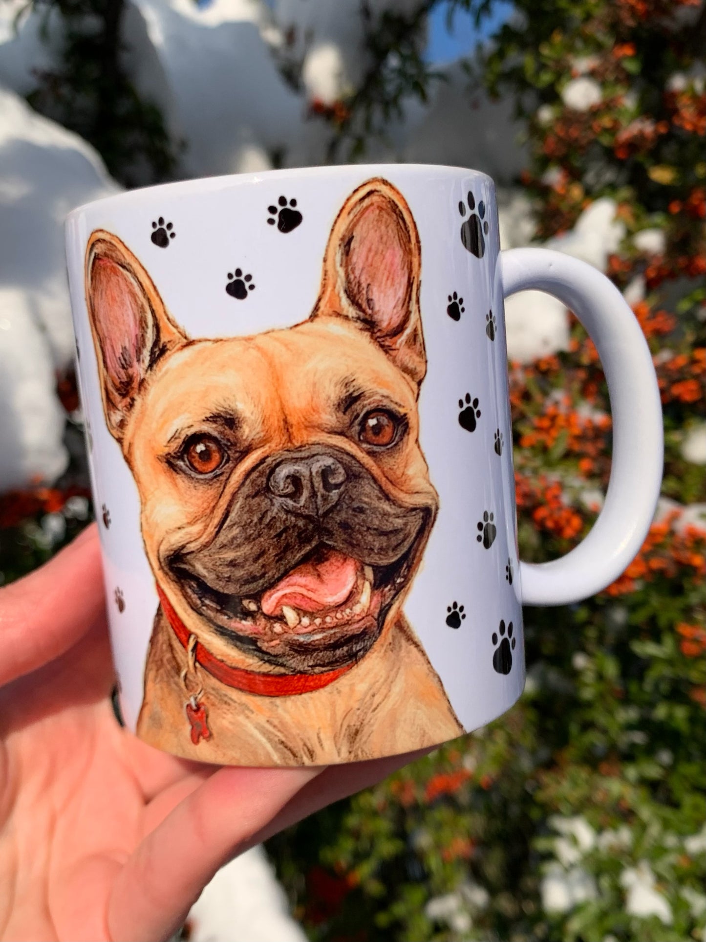 Francia bulldog kutyás bögre - Kézzel festett Francia bulldog kutya és mancs mintával