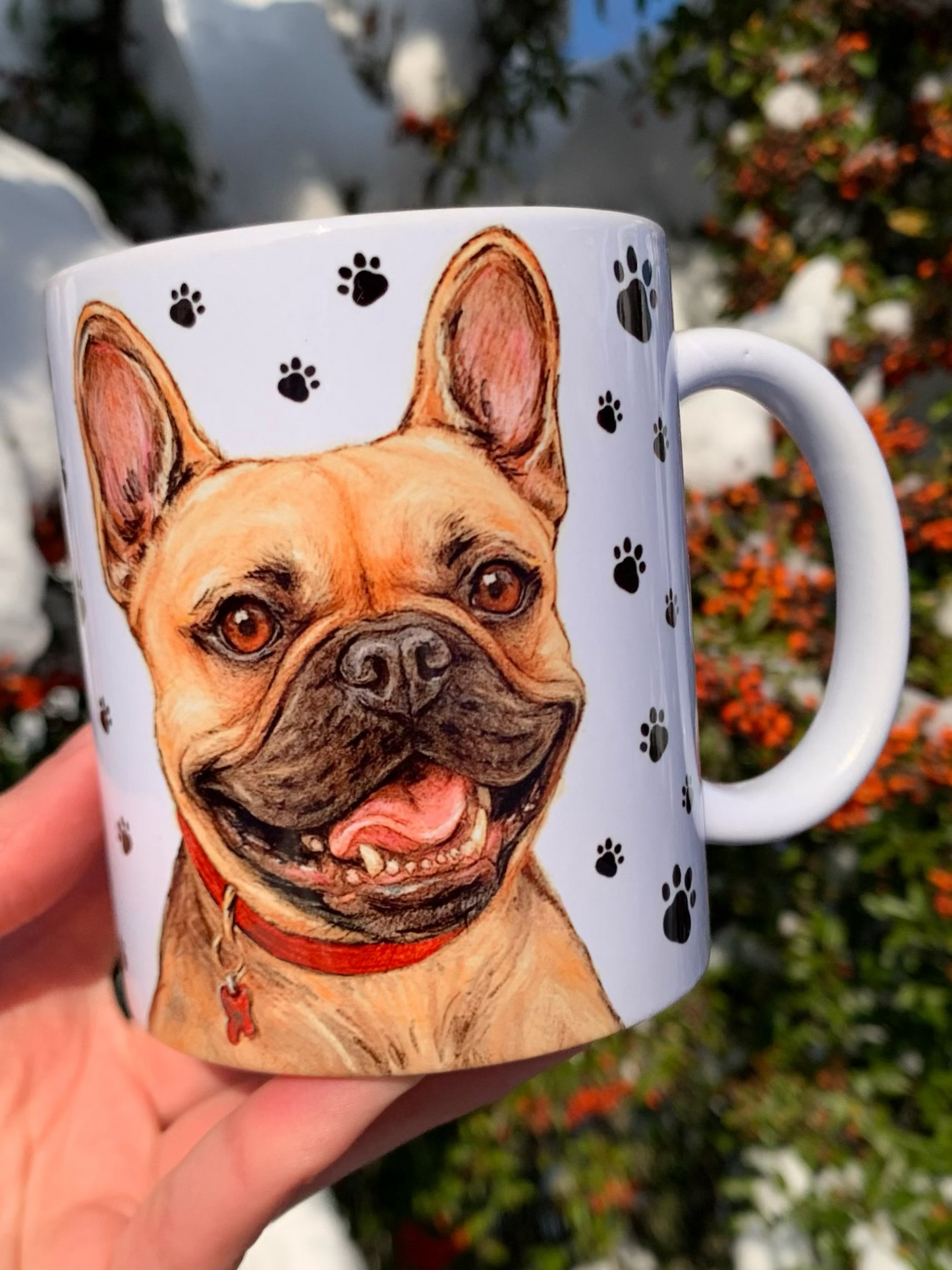 Francia bulldog kutyás bögre - Kézzel festett ülő Francia bulldog kutya piros nyakörves mintával