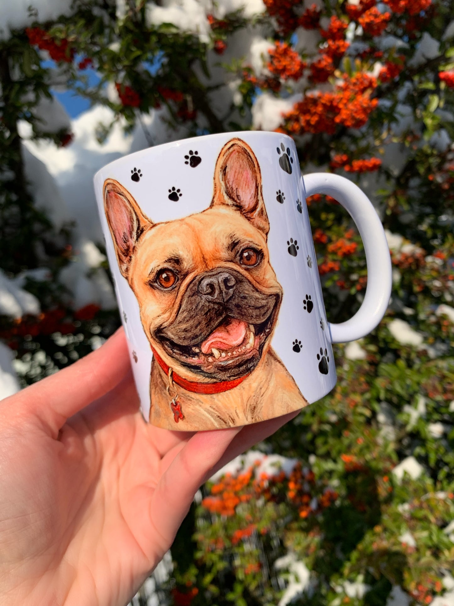 Francia bulldog kutyás bögre - Kézzel festett ülő Francia bulldog kutya piros nyakörves mintával