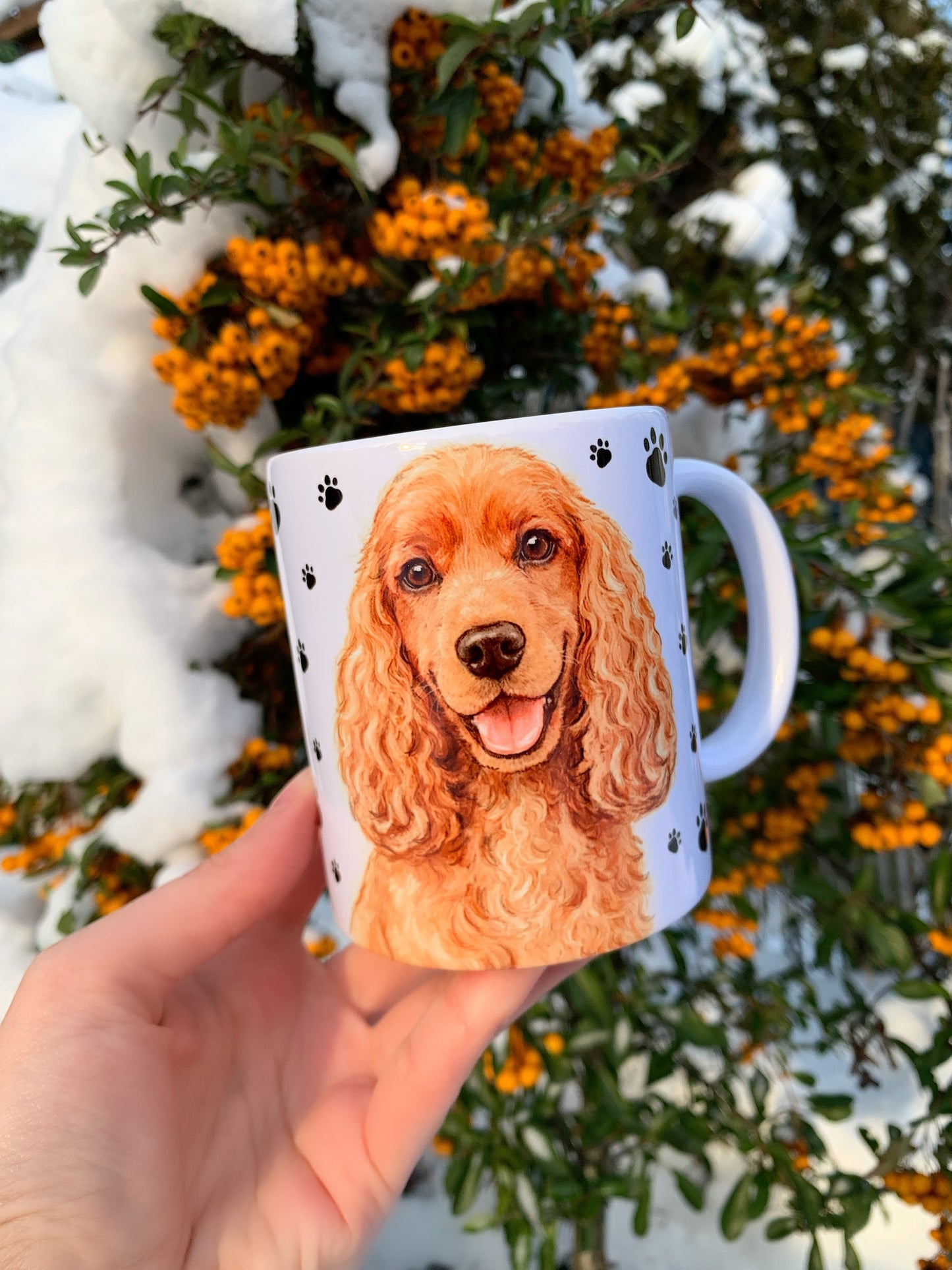 Spániel kutyás bögre - Kézzel festett Cocker Spániel kutyus és mancs mintával