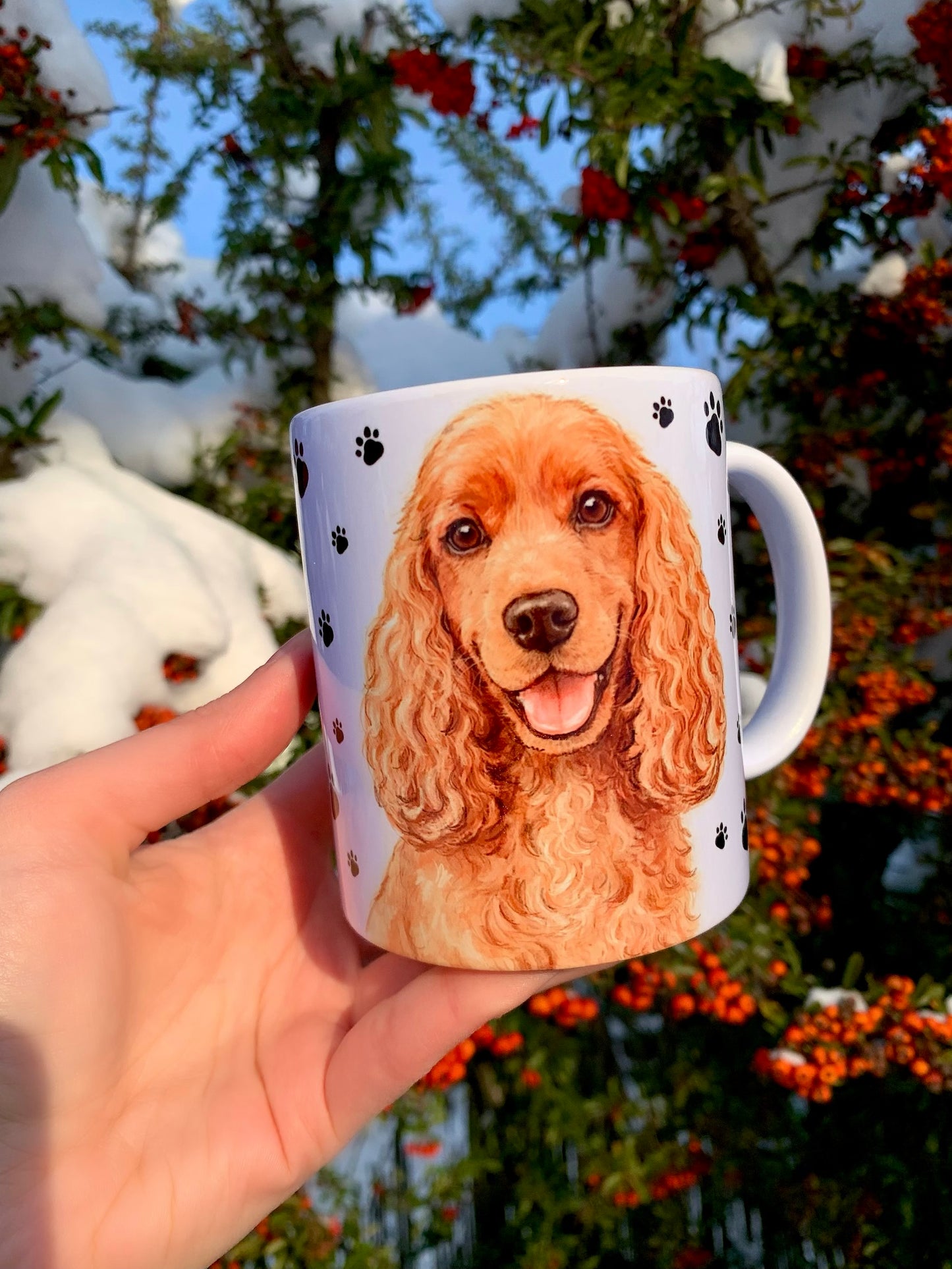 Spániel kutyás bögre - Kézzel festett Cocker Spániel kutyus és mancs mintával