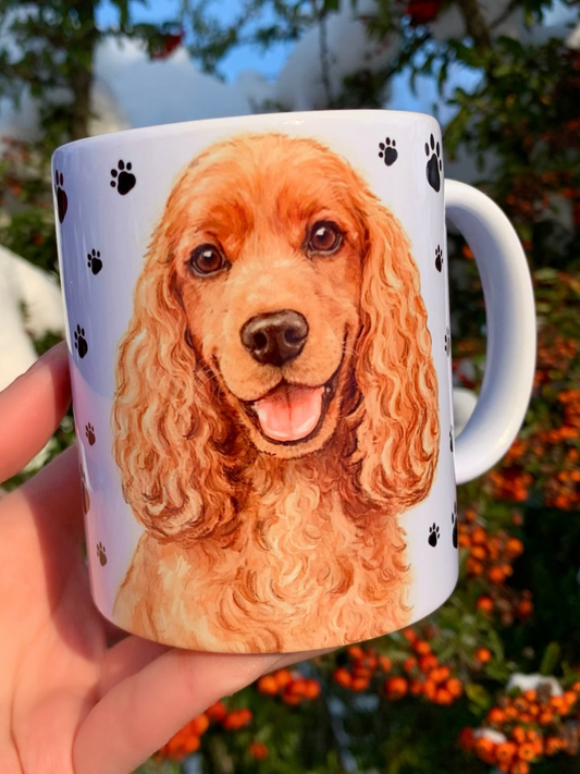 Spániel kutyás bögre - Kézzel festett Cocker Spániel kutyus és mancs mintával