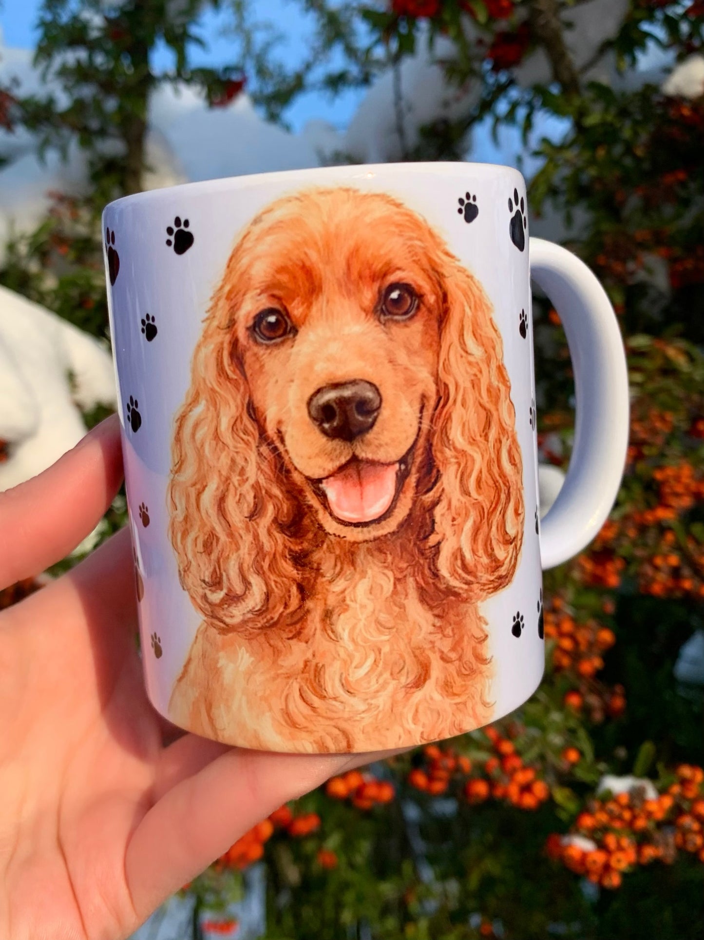 Spániel kutyás bögre - Kézzel festett Cocker Spániel kutyus és mancs mintával