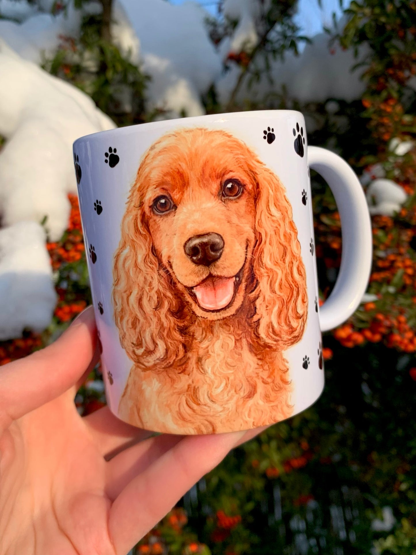 Spániel kutyás bögre - Kézzel festett Cocker Spániel kutyus és mancs mintával