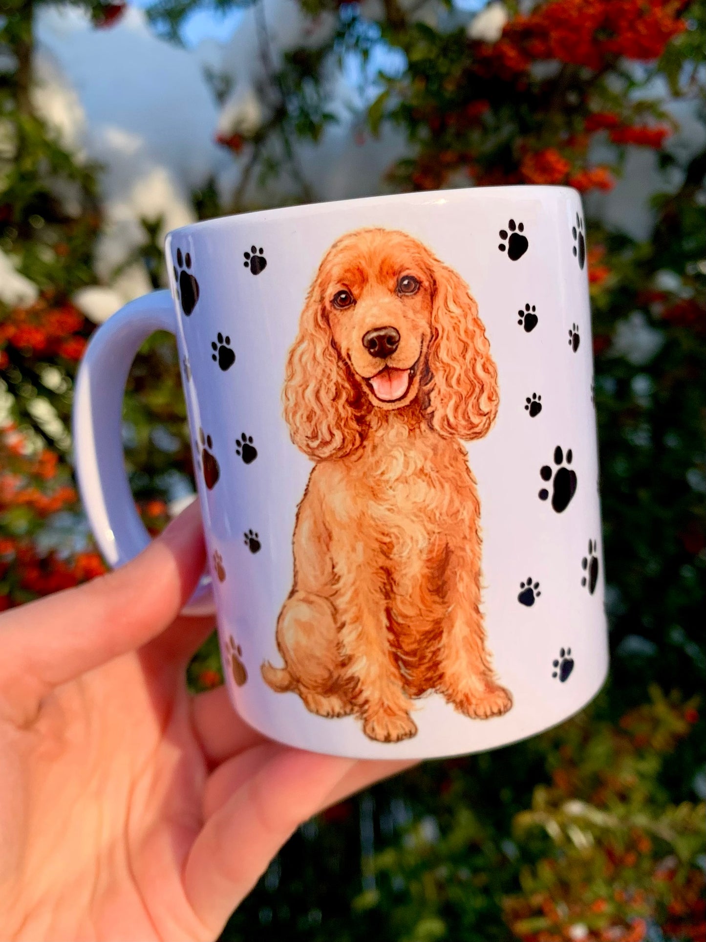 Spániel kutyás bögre - Kézzel festett Cocker Spániel kutyus és mancs mintával