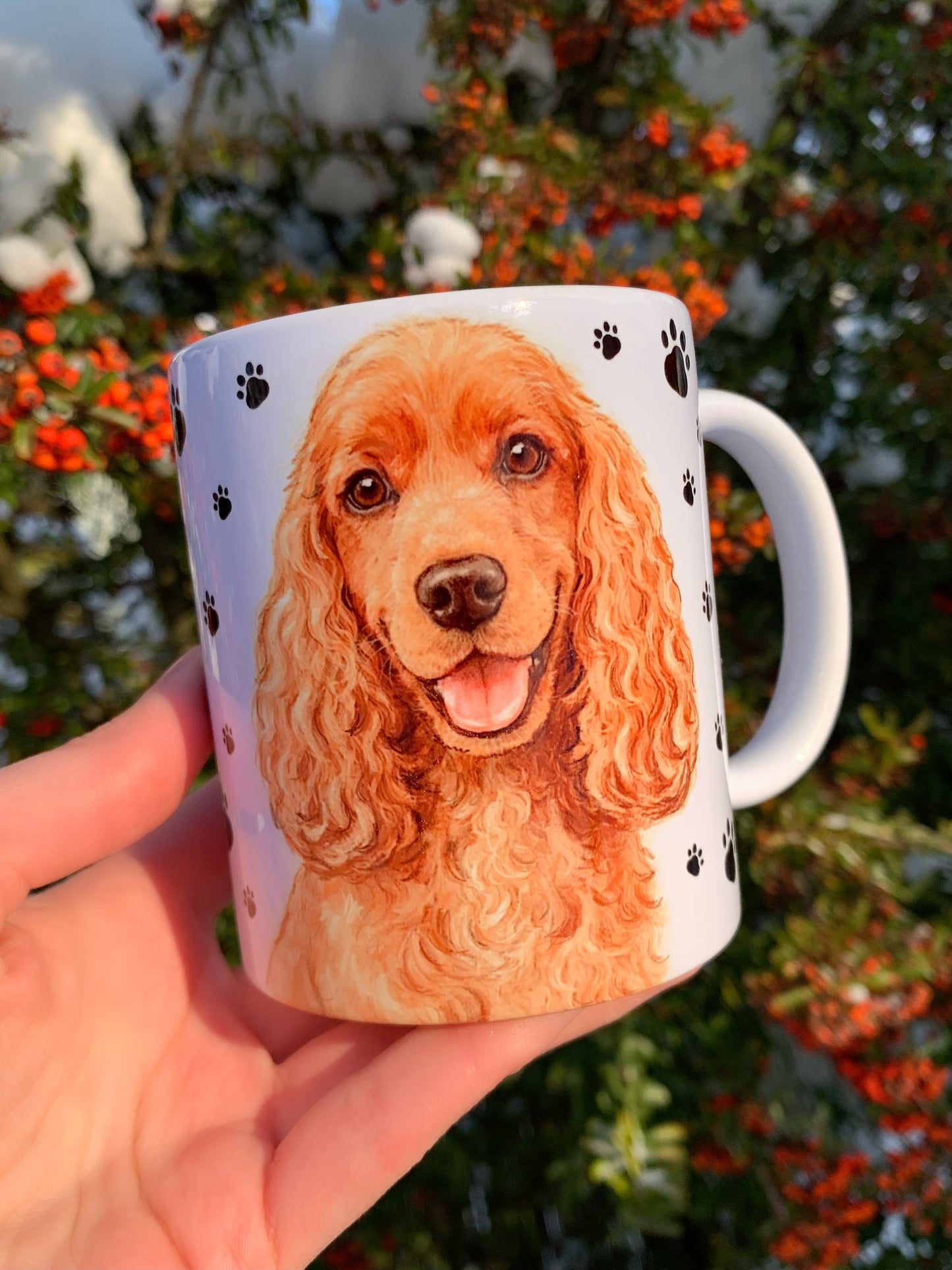 Spániel kutyás bögre - Kézzel festett Cocker Spániel kutyus és mancs mintával