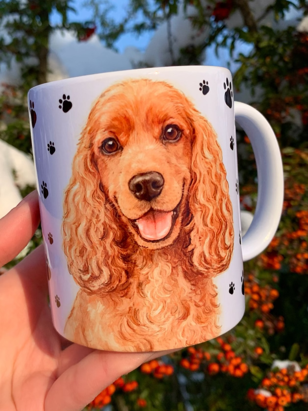 Spániel kutyás bögre - Kézzel festett Cocker Spániel kutyus és mancs mintával