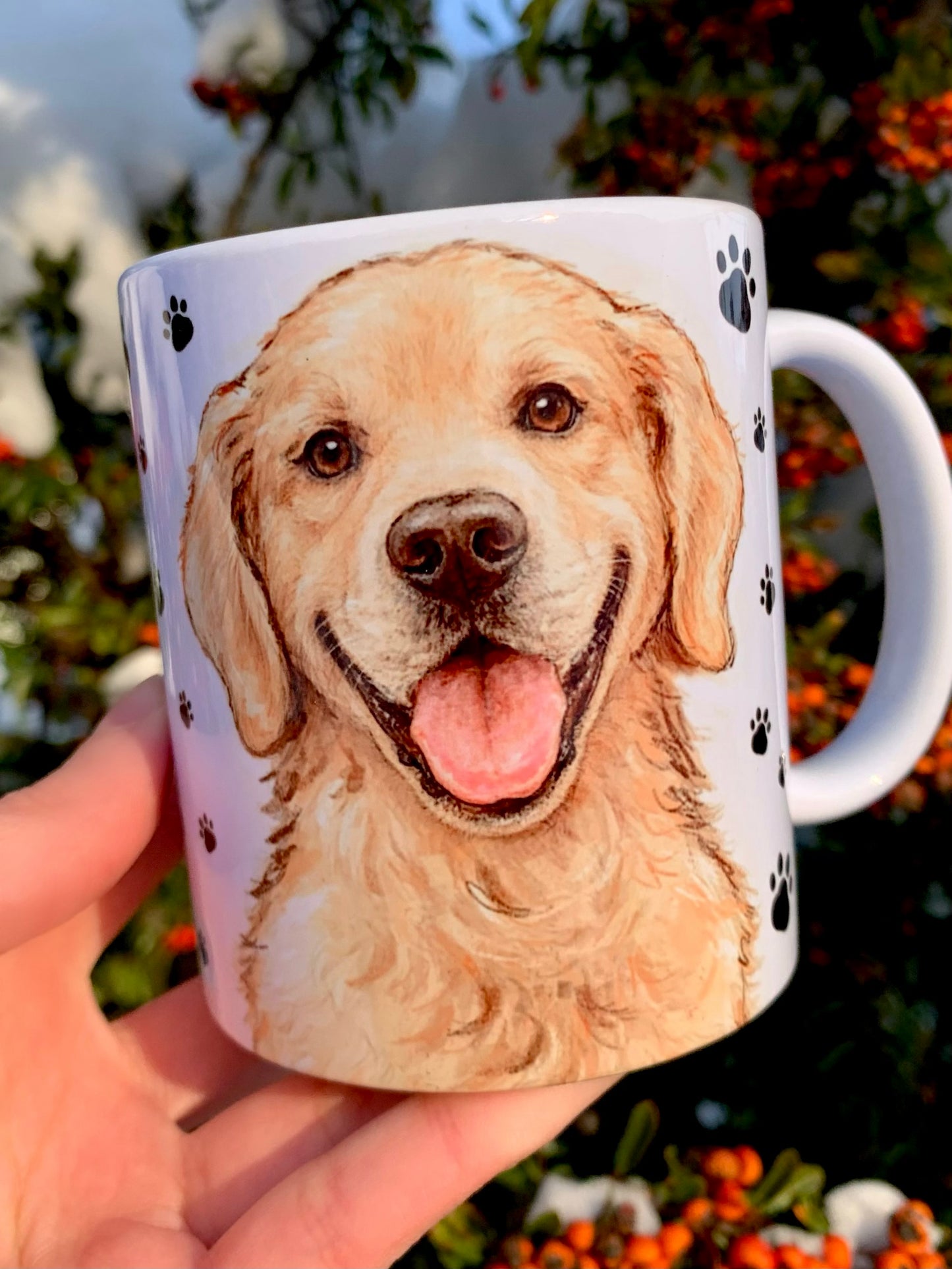 Golden retriever kutyás bögre - Kézzel festett Golden retriever kutya és mancs mintával