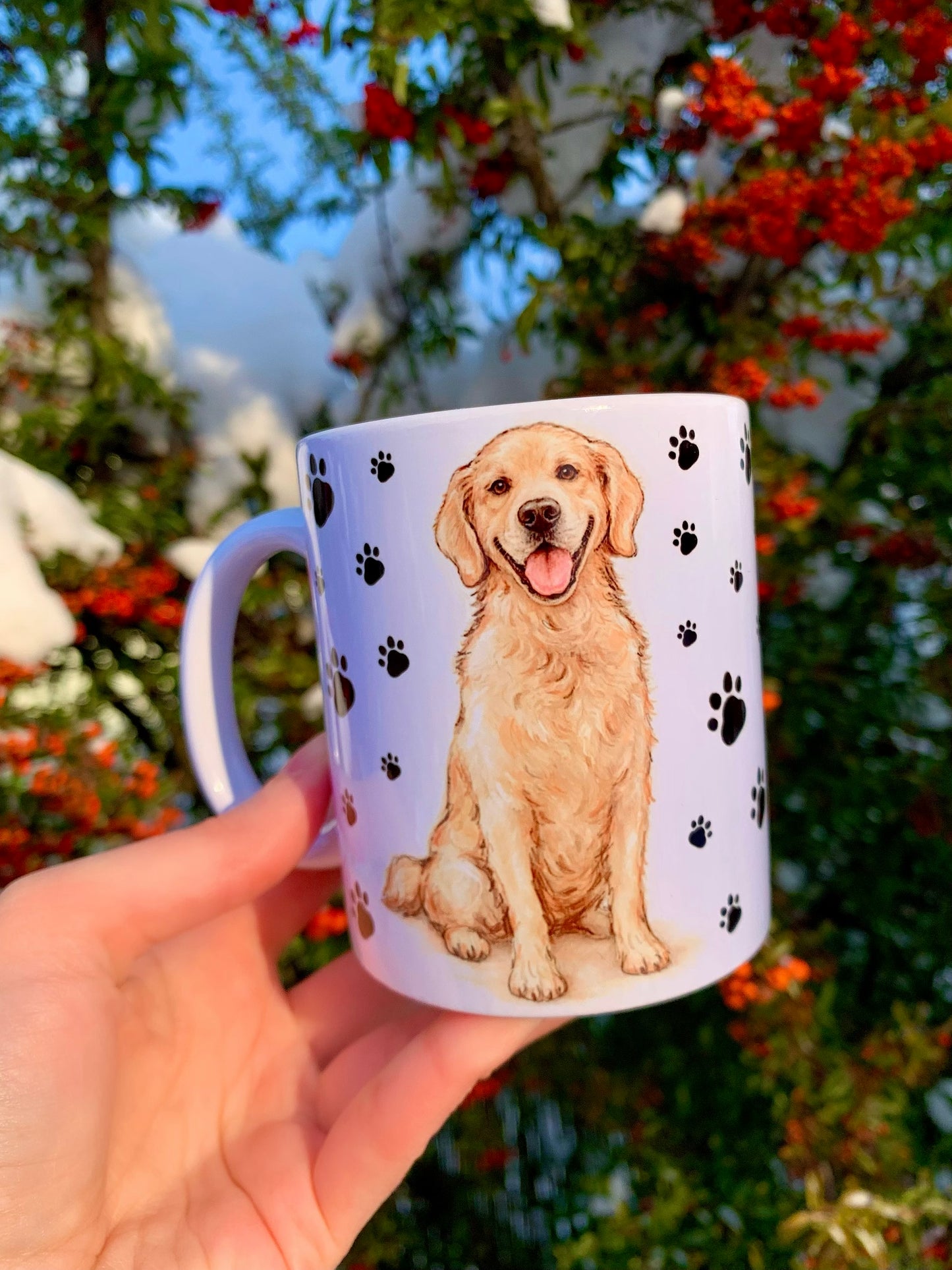 Golden retriever kutyás bögre - Kézzel festett Golden retriever kutya és mancs mintával