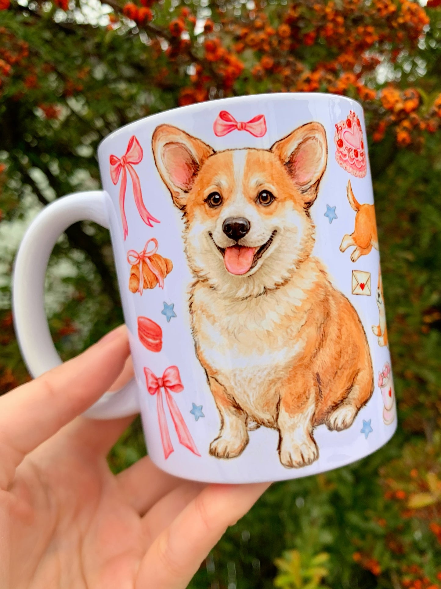 Prémium Corgi kutyás bögre - Kézzel festett Corgi kutya és süteményes masnis mintával
