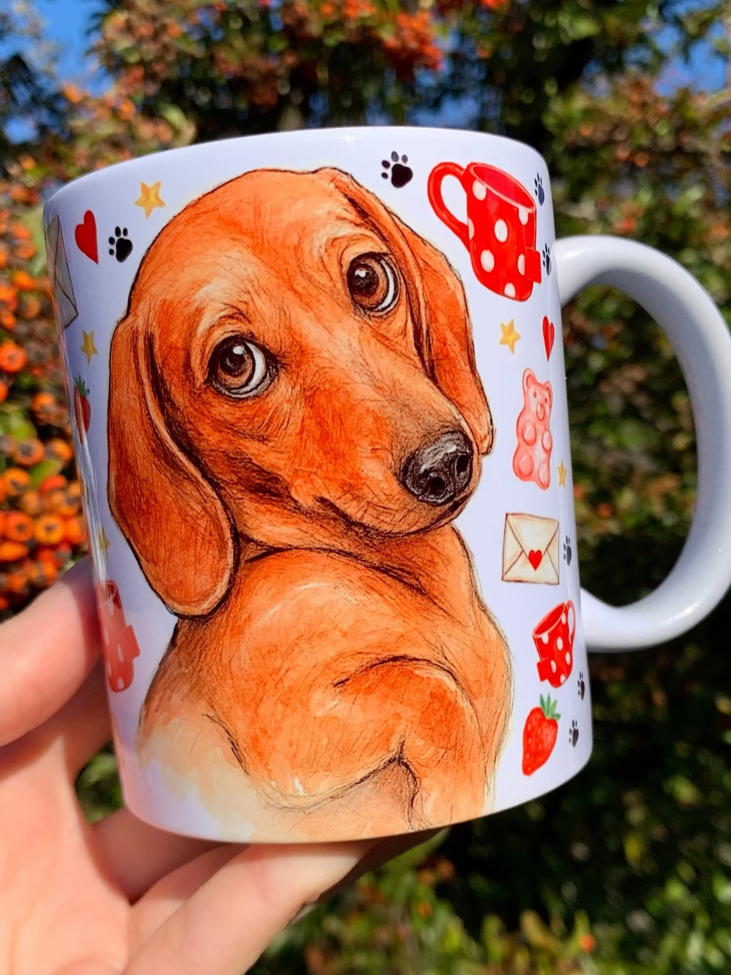 Prémium Barna Tacskós bögre - Kézzel festett Barna Tacskó levéllel és szív mintákkal