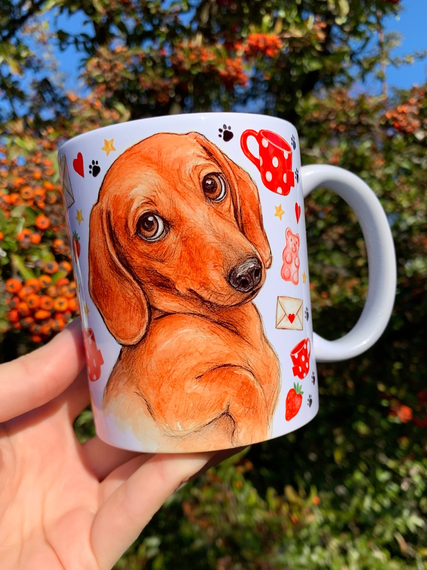 Prémium Barna Tacskós bögre - Kézzel festett Barna Tacskó levéllel és szív mintákkal