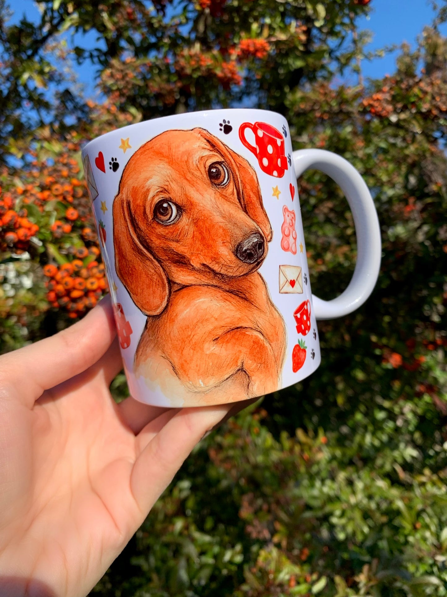 Prémium Barna Tacskós bögre - Kézzel festett Barna Tacskó levéllel és szív mintákkal