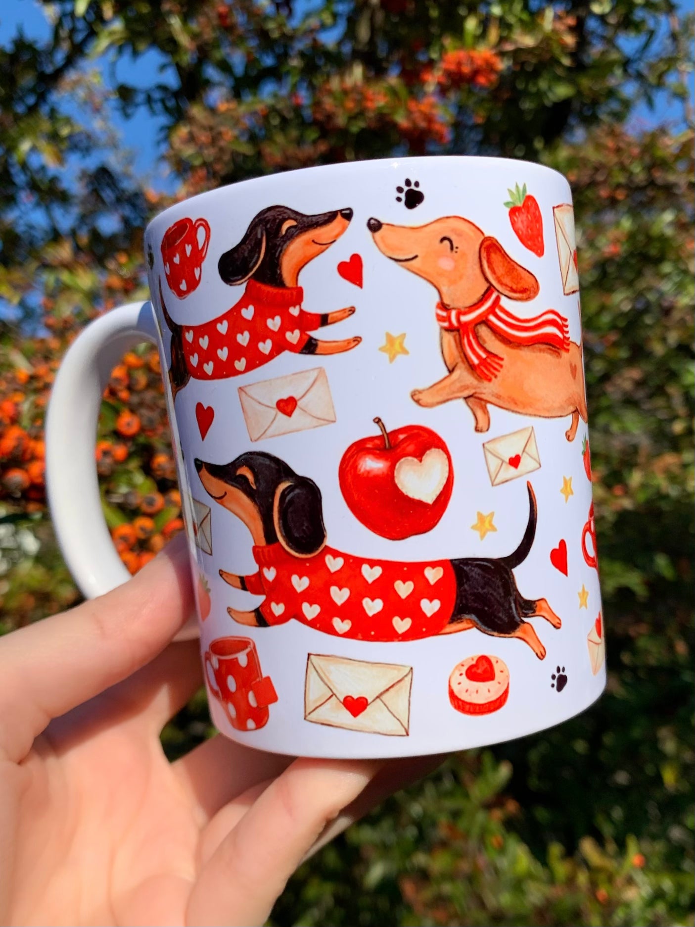 Prémium Barna Tacskós bögre - Kézzel festett Barna Tacskó levéllel és szív mintákkal