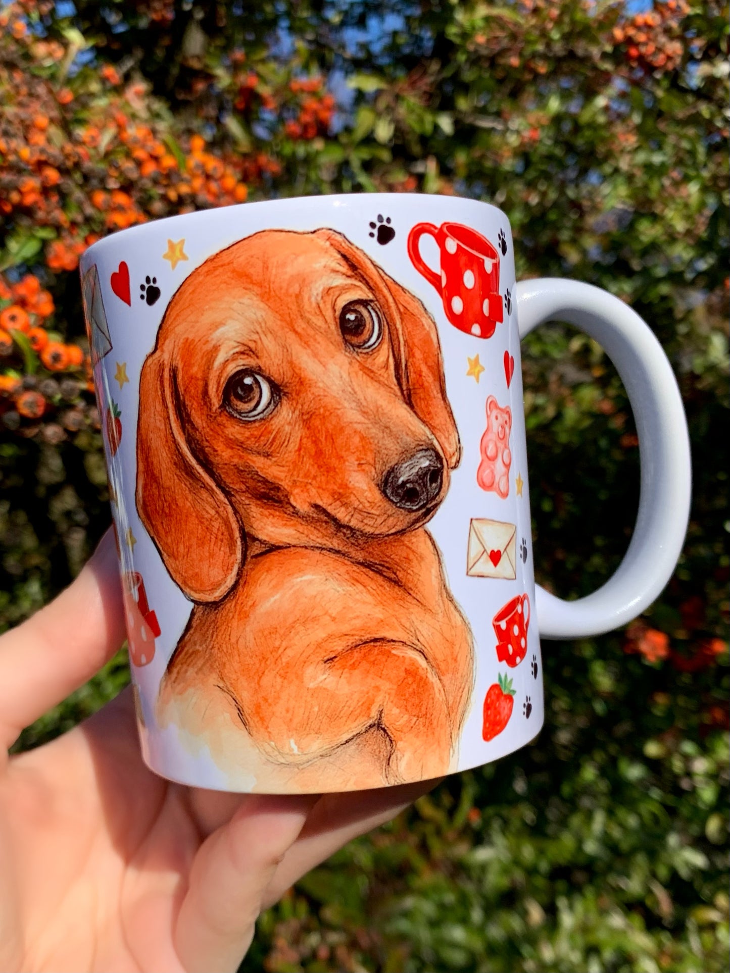 Prémium Barna Tacskós bögre - Kézzel festett Barna Tacskó levéllel és szív mintákkal