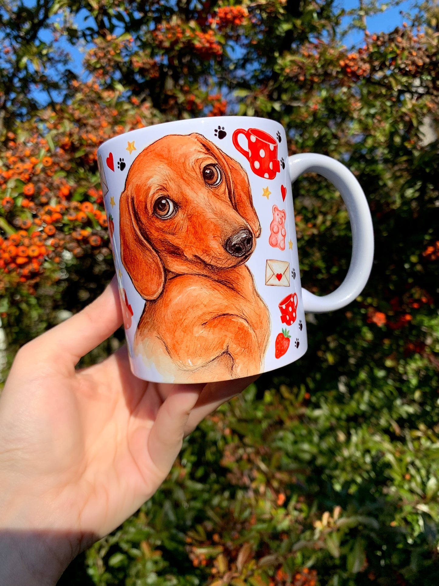 Prémium Barna Tacskós bögre - Kézzel festett Barna Tacskó levéllel és szív mintákkal