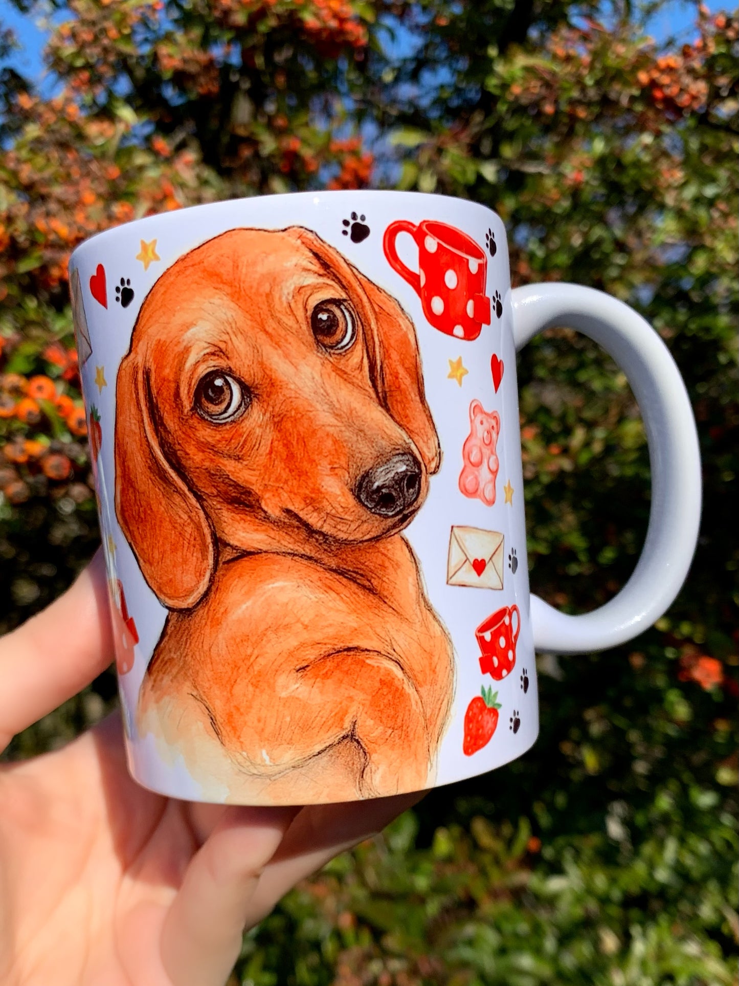 Prémium Barna Tacskós bögre - Kézzel festett Barna Tacskó levéllel és szív mintákkal