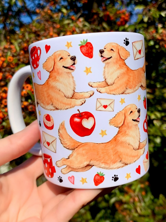 Prémium Golden retriever kutyás bögre - Kézzel festett ugró Golden retriever kutya mintákkal