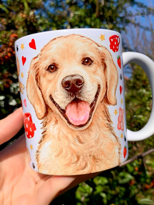 Prémium Golden retriever kutyás bögre - Kézzel festett Golden retriever kutya és szív mintával