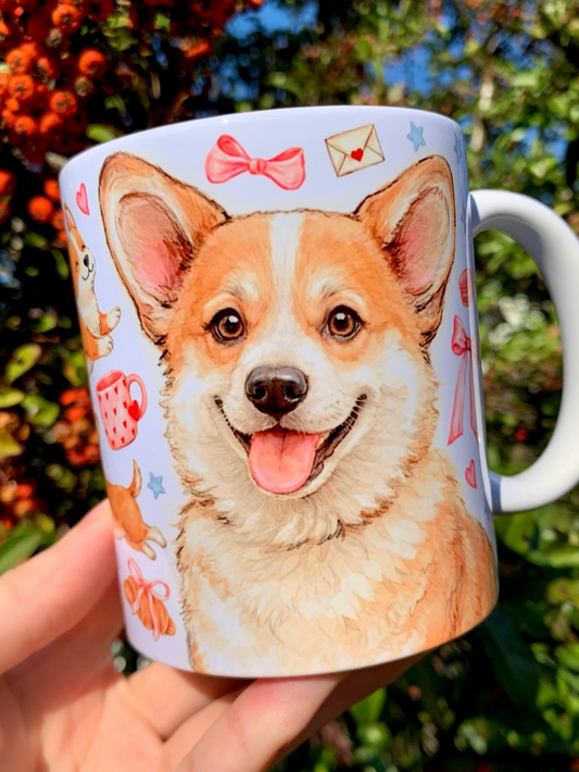 Prémium Corgi kutyás bögre - Kézzel festett Corgi kutya és süteményes masnis mintával