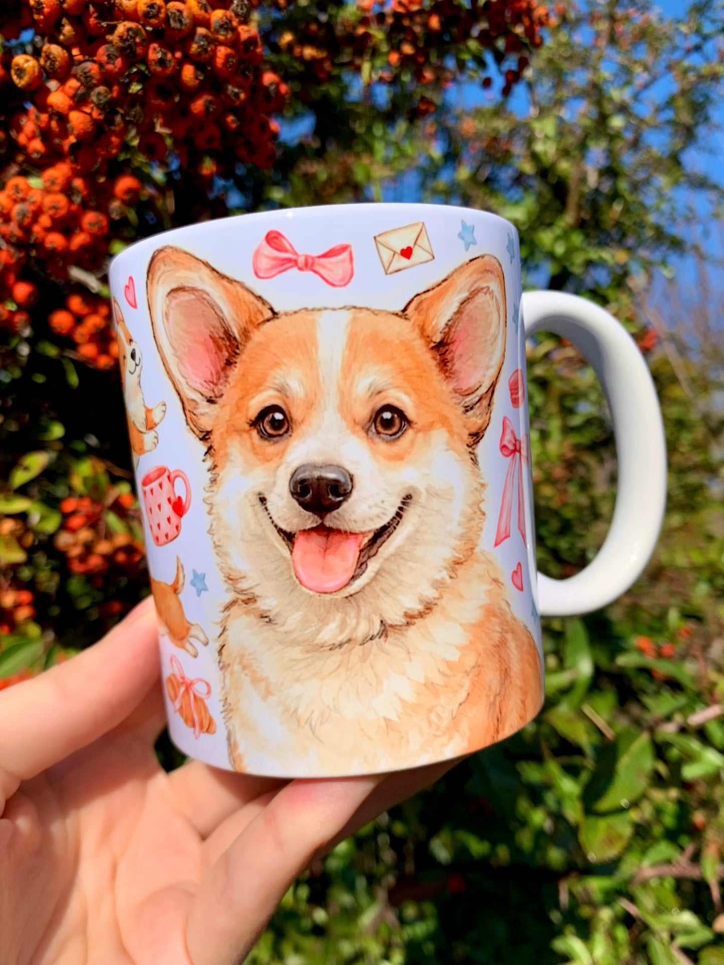 Prémium Corgi kutyás bögre - Kézzel festett Corgi kutya és süteményes masnis mintával