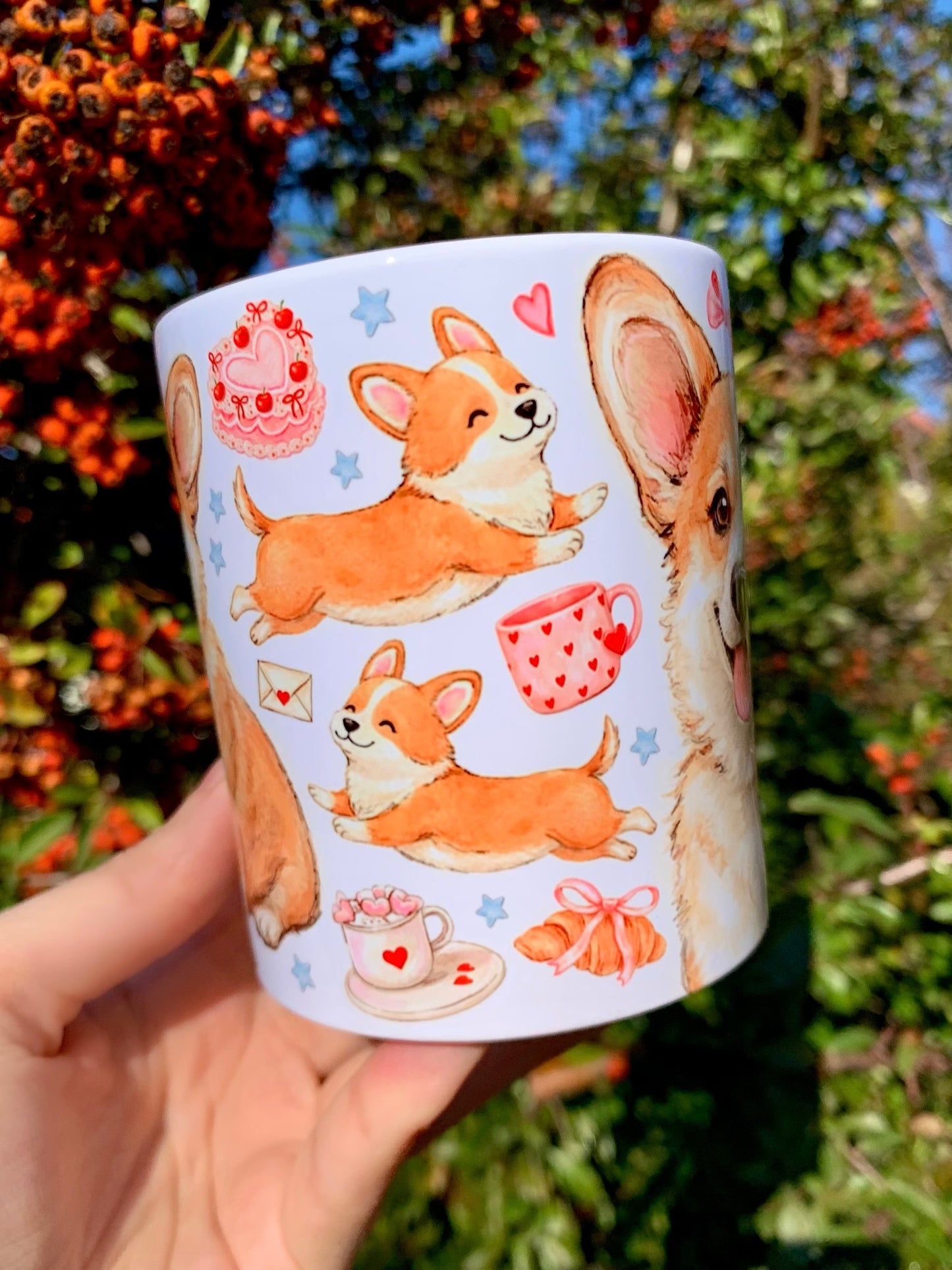 Prémium Corgi kutyás bögre - Kézzel festett Corgi kutya és süteményes masnis mintával