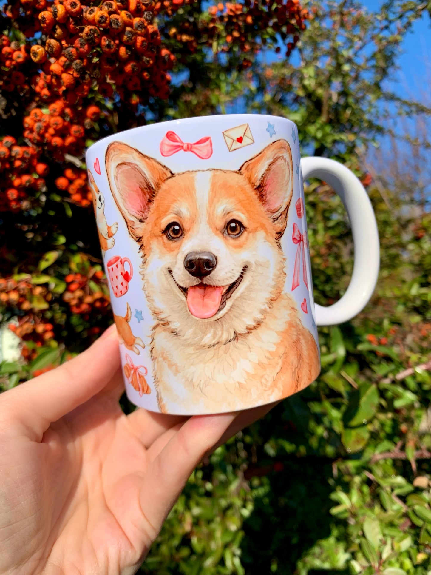 Prémium Corgi kutyás bögre - Kézzel festett Corgi kutya és süteményes masnis mintával
