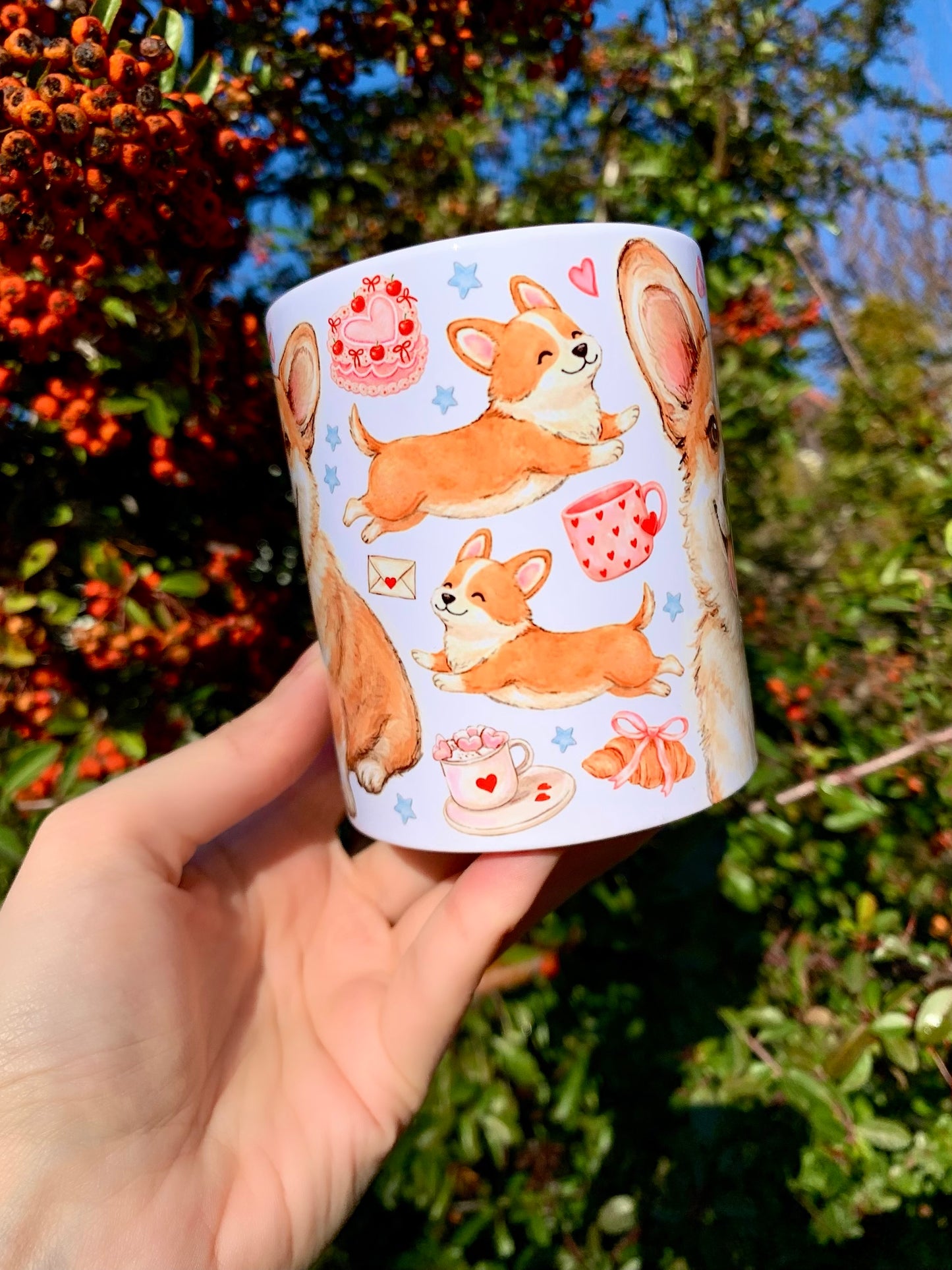 Prémium Corgi kutyás bögre - Kézzel festett Corgi kutya és süteményes masnis mintával