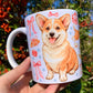 Prémium Corgi kutyás bögre - Kézzel festett Corgi kutya és süteményes masnis mintával