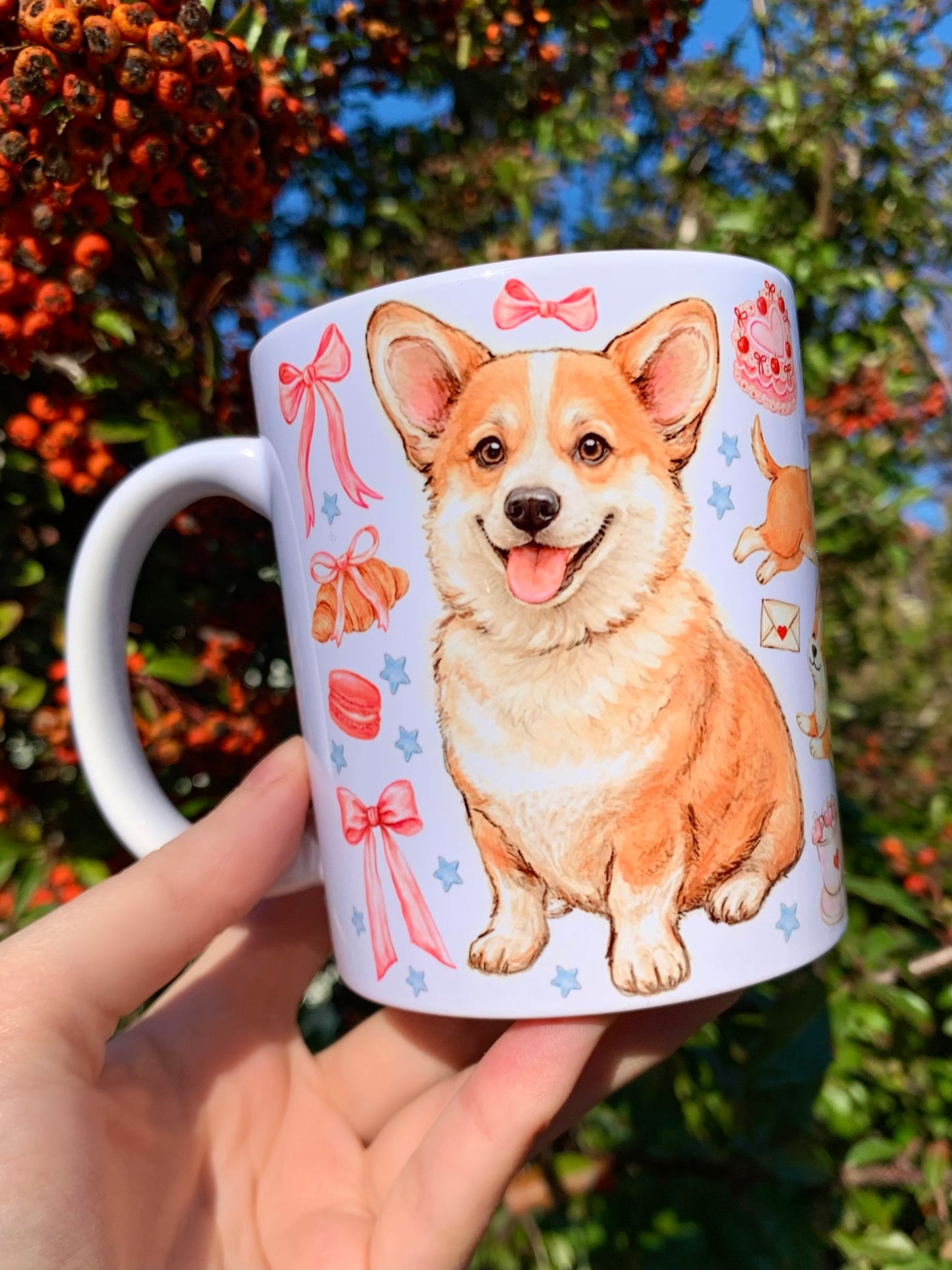 Prémium Corgi kutyás bögre - Kézzel festett Corgi kutya és süteményes masnis mintával