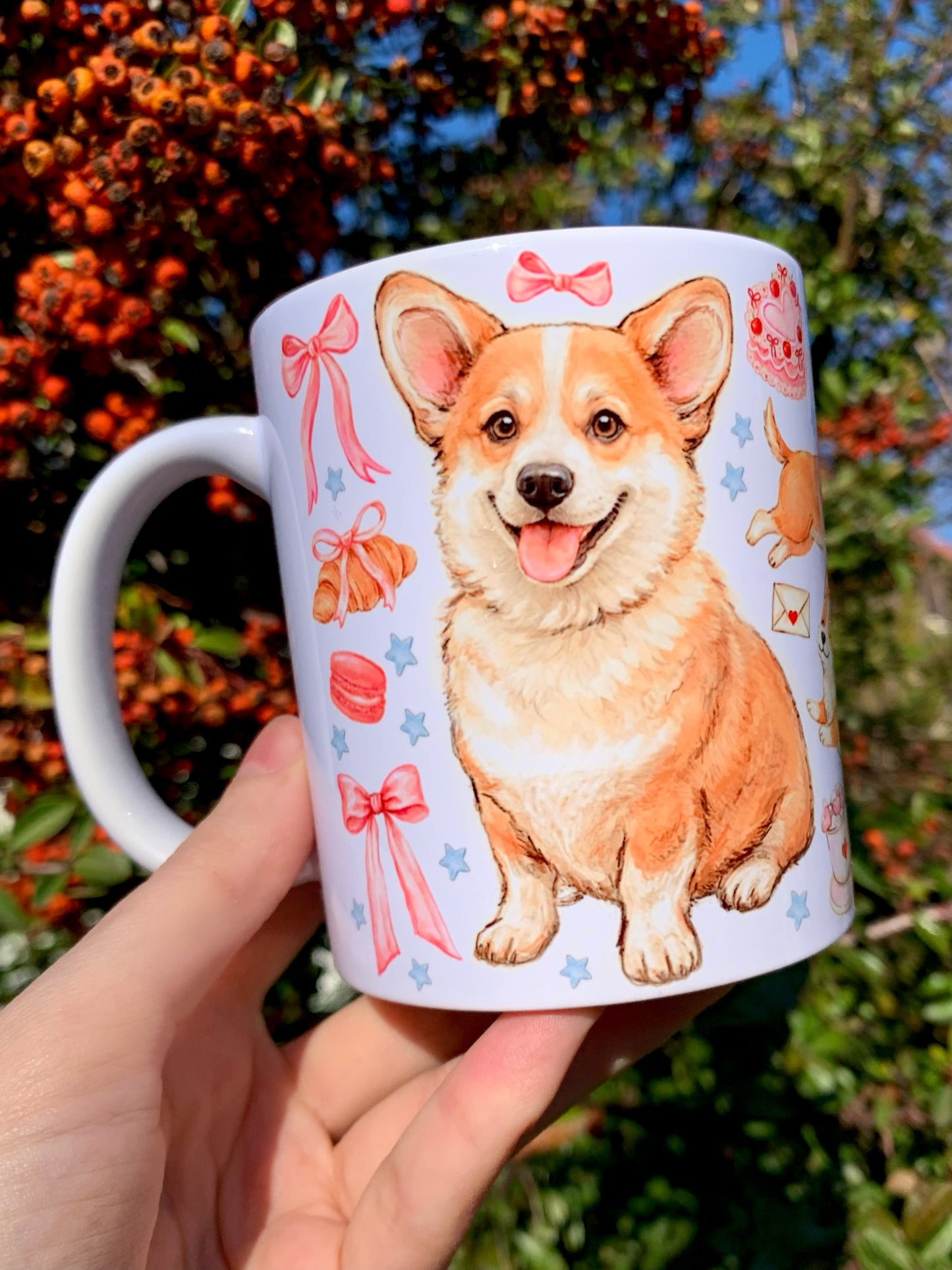 Prémium Corgi kutyás bögre - Kézzel festett Corgi kutya és süteményes masnis mintával