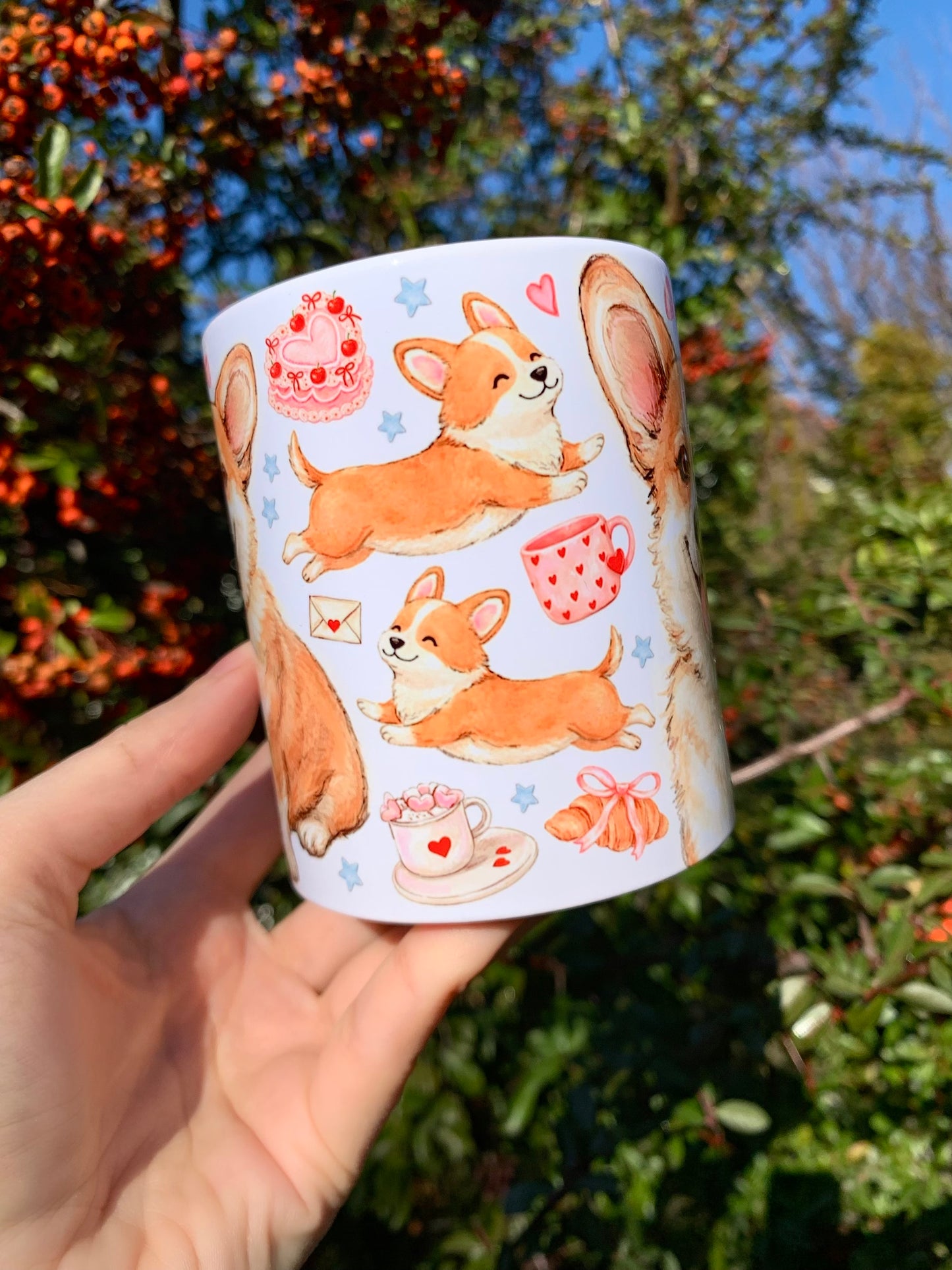 Prémium Corgi kutyás bögre - Kézzel festett Corgi kutya és süteményes masnis mintával