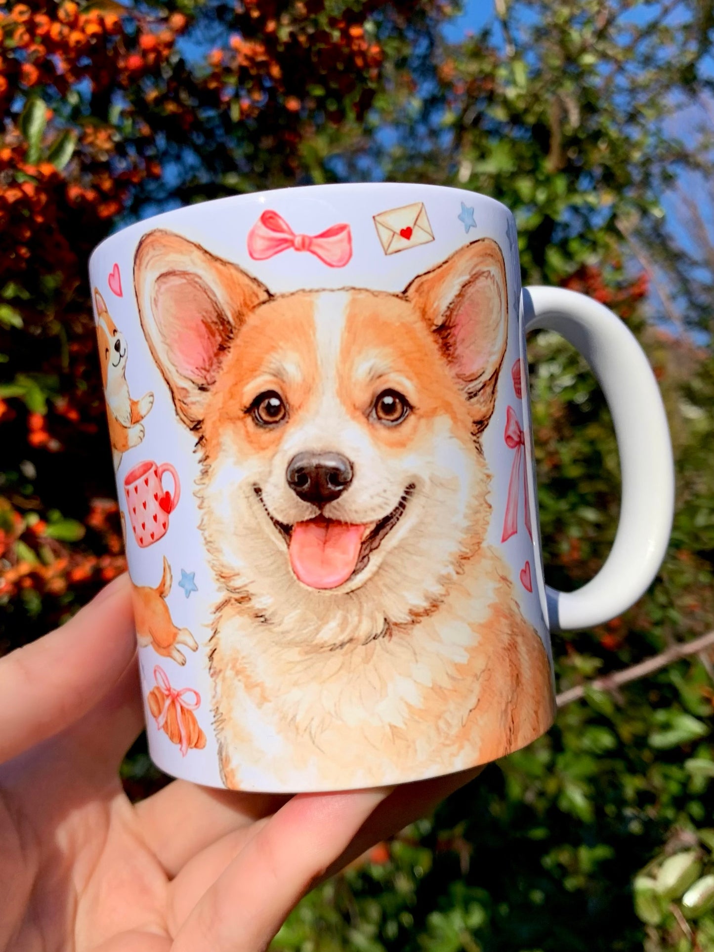 Prémium Corgi kutyás bögre - Kézzel festett Corgi kutya és süteményes masnis mintával
