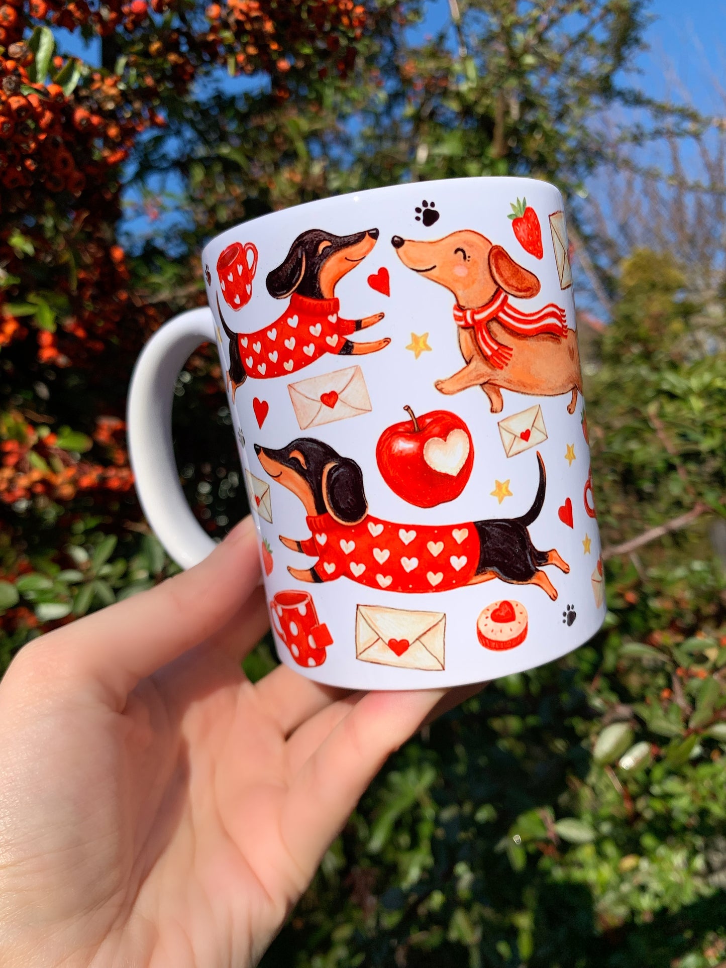 Prémium Barna Tacskós bögre - Kézzel festett Barna Tacskó levéllel és szív mintákkal