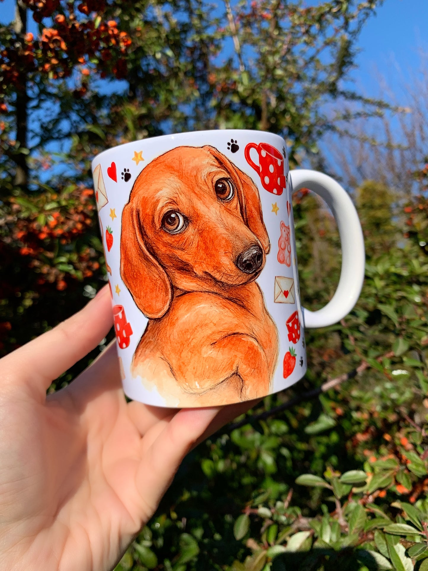 Prémium Barna Tacskós bögre - Kézzel festett Barna Tacskó levéllel és szív mintákkal