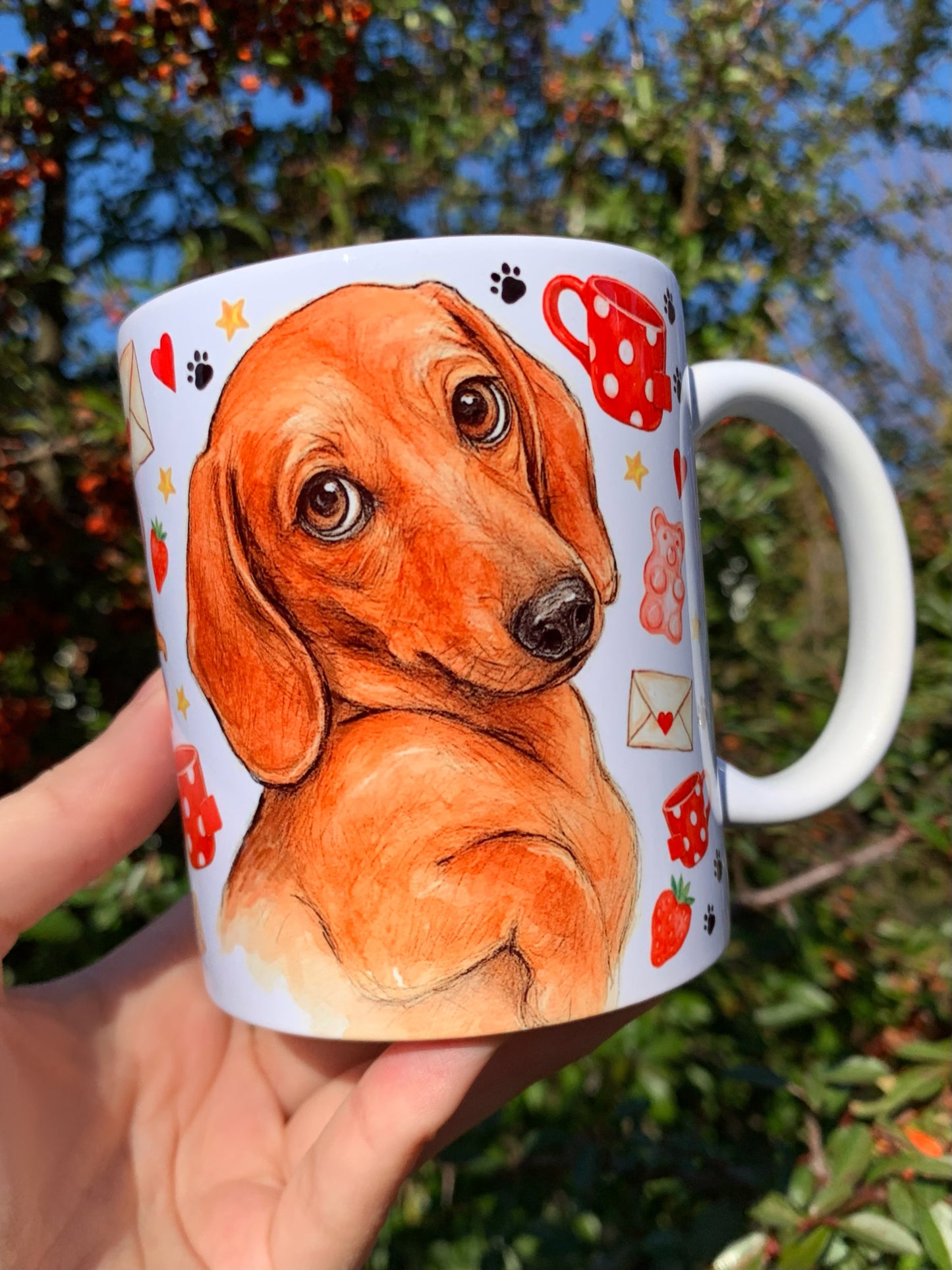 Prémium Barna Tacskós bögre - Kézzel festett Barna Tacskó levéllel és szív mintákkal