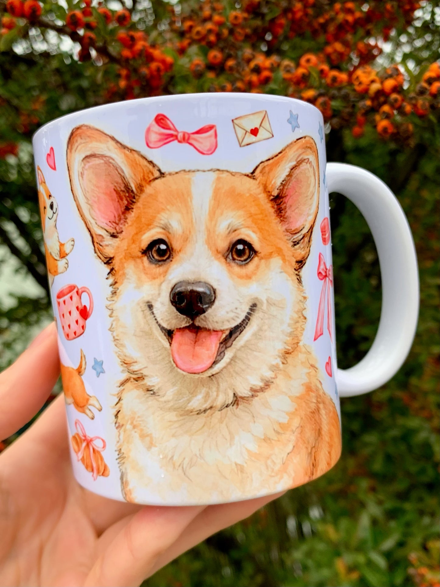 Prémium Corgi kutyás bögre - Kézzel festett Corgi kutya és süteményes masnis mintával