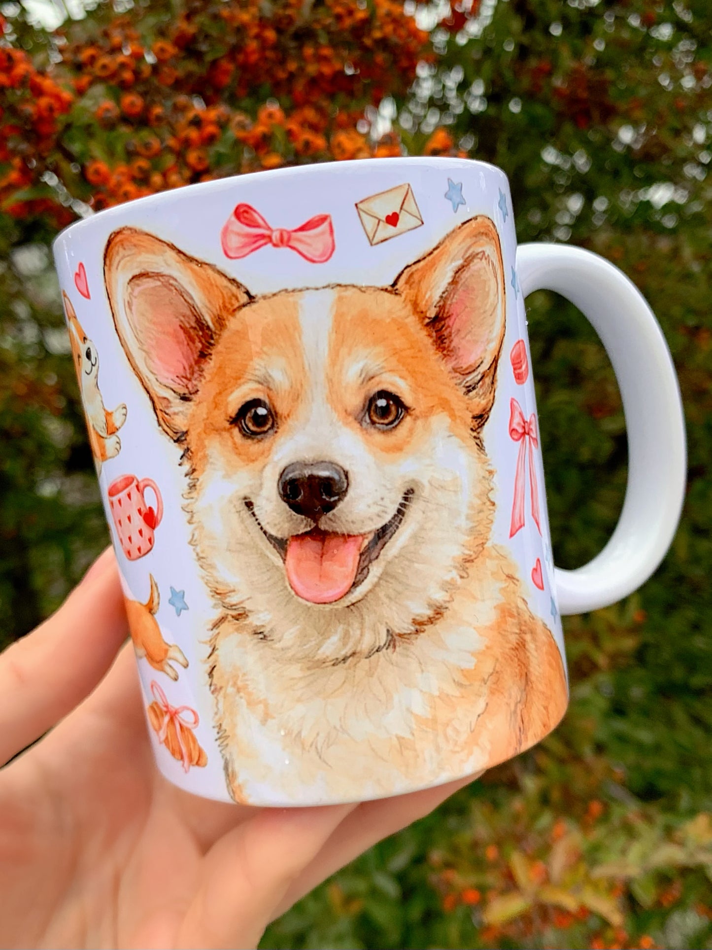 Prémium Corgi kutyás bögre - Kézzel festett Corgi kutya és süteményes masnis mintával