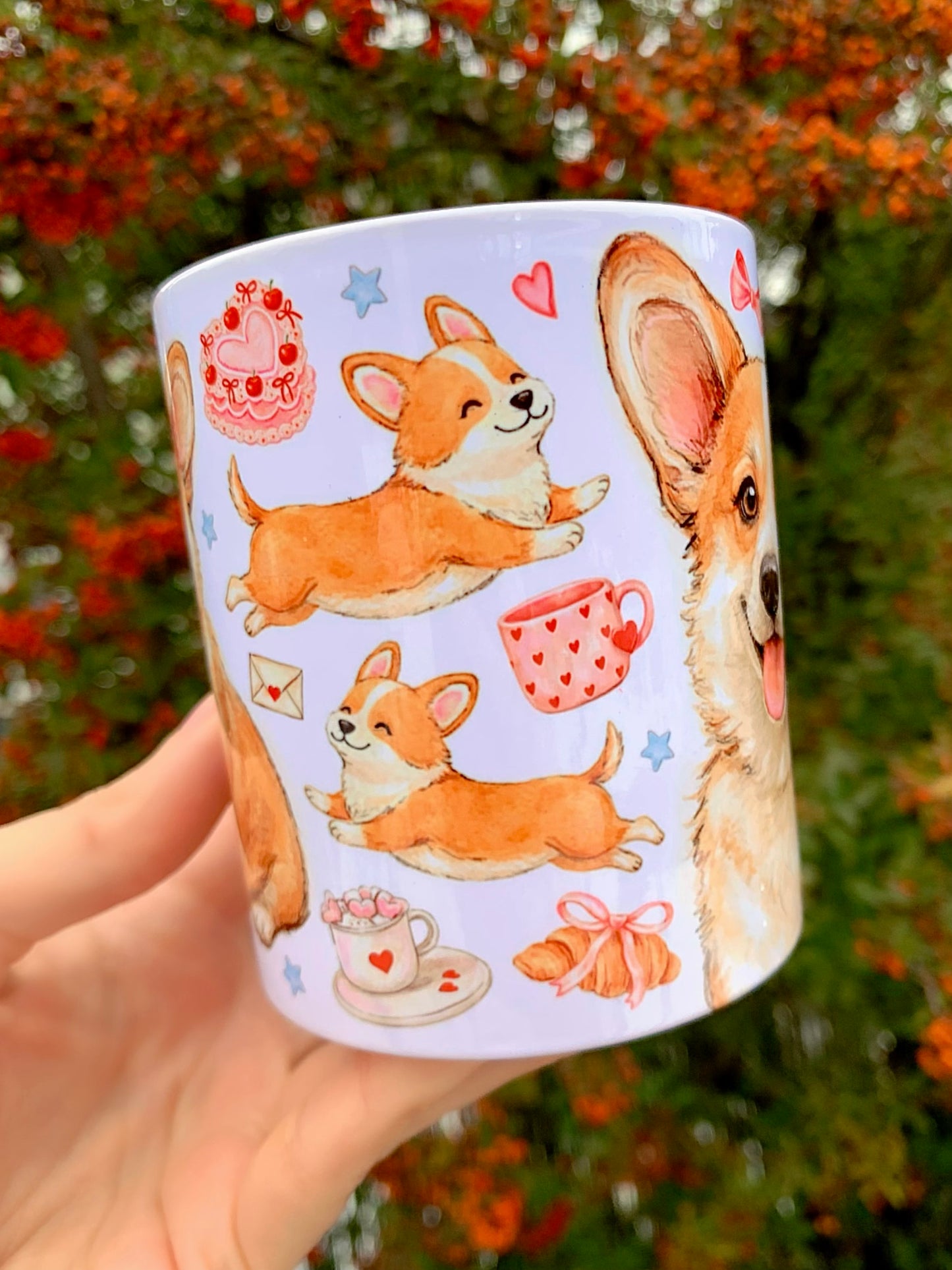 Prémium Corgi kutyás bögre - Kézzel festett Corgi kutya és süteményes masnis mintával