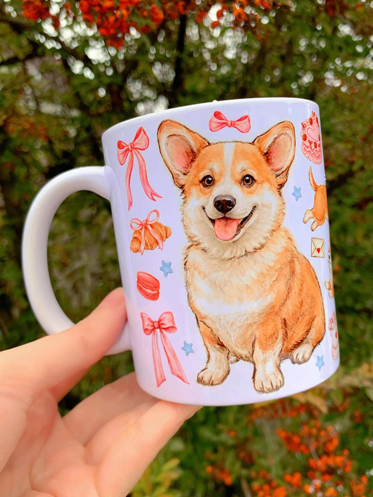 Prémium Corgi kutyás bögre - Kézzel festett Corgi kutya és süteményes masnis mintával