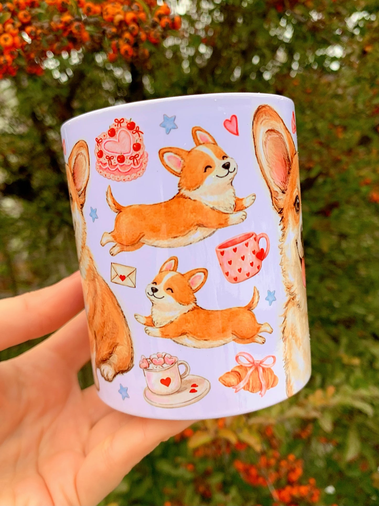 Prémium Corgi kutyás bögre - Kézzel festett Corgi kutya és süteményes masnis mintával