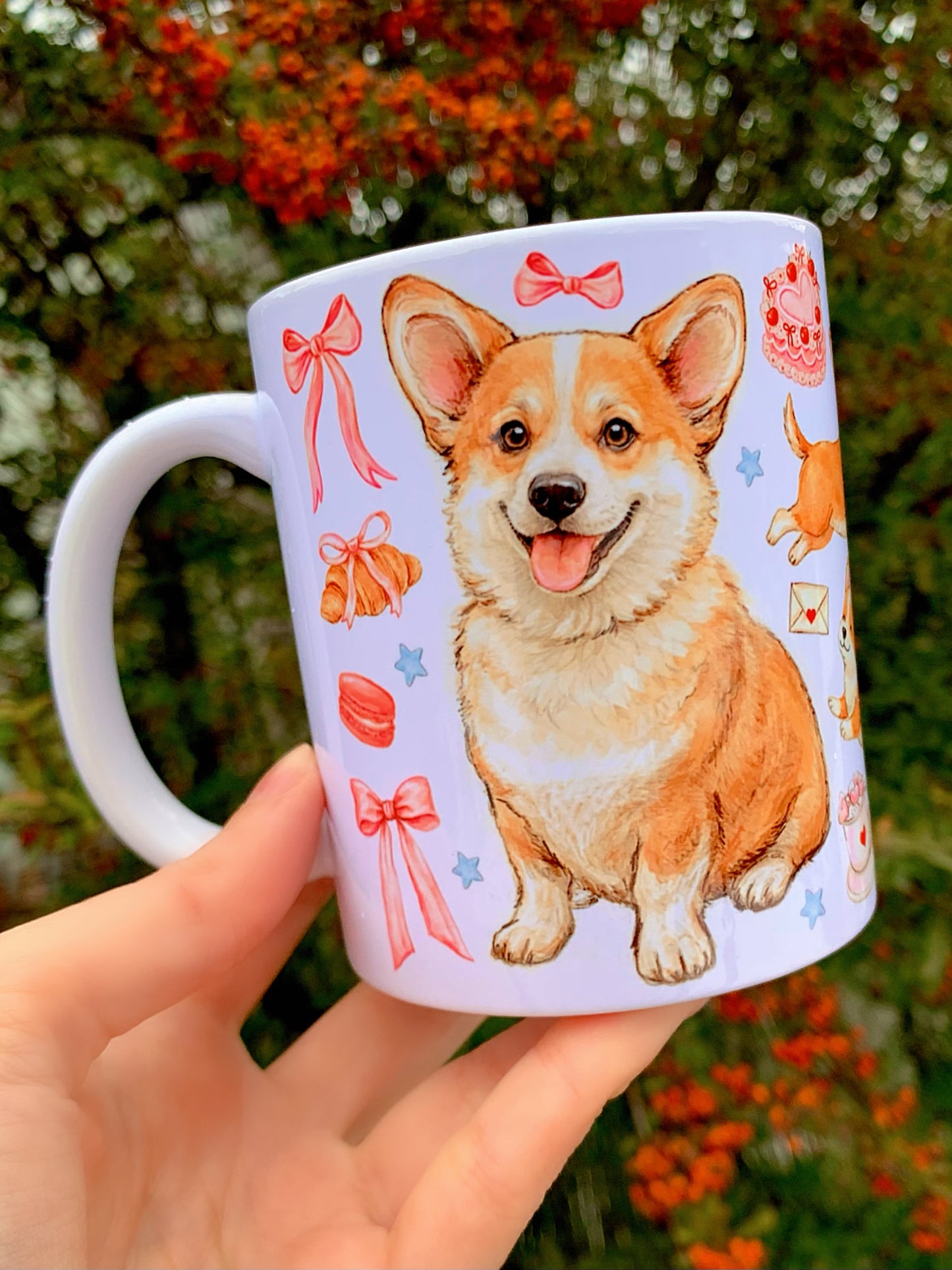 Prémium Corgi kutyás bögre - Kézzel festett Corgi kutya és süteményes masnis mintával