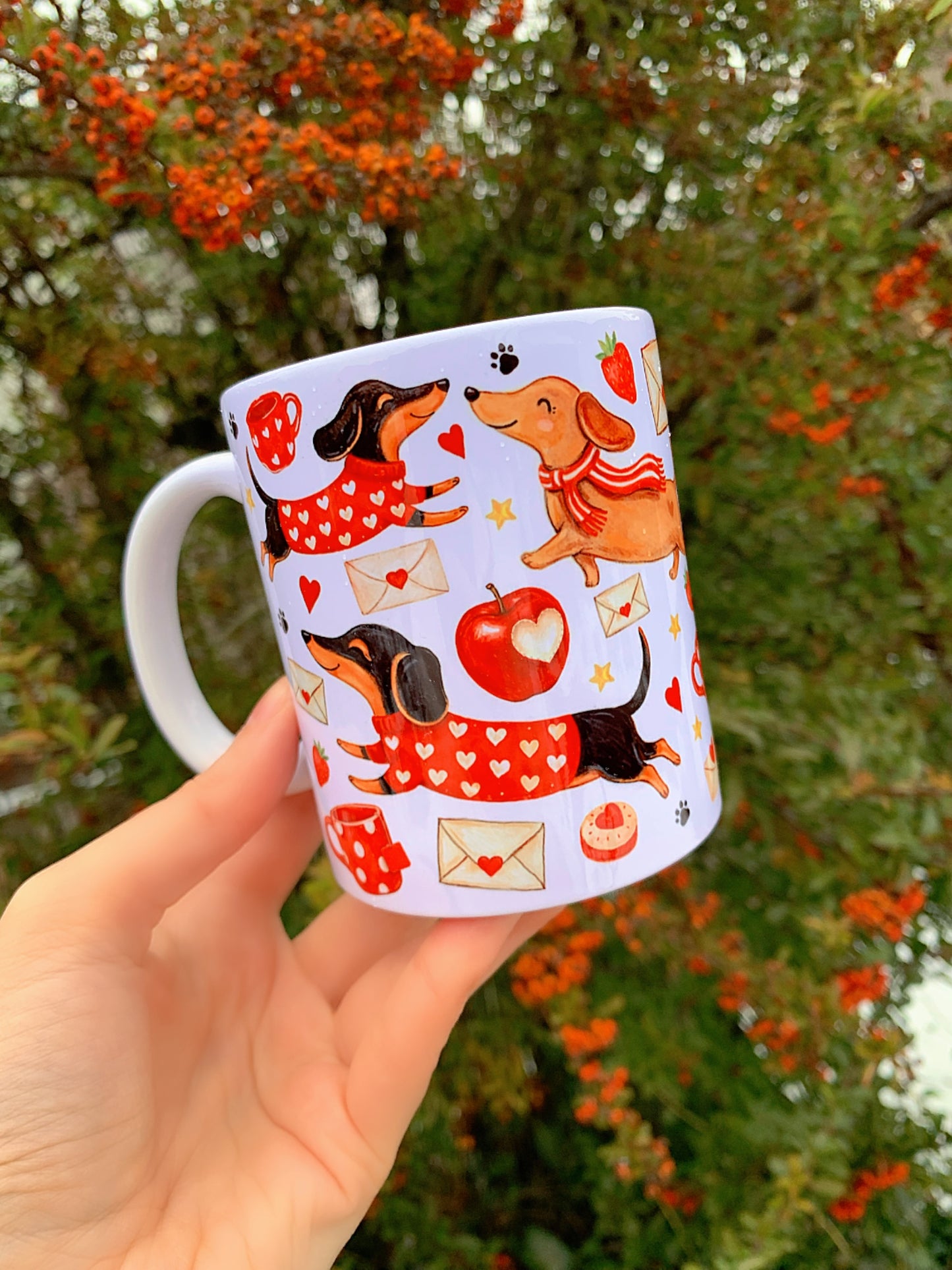 Prémium Barna Tacskós bögre - Kézzel festett Barna Tacskó levéllel és szív mintákkal