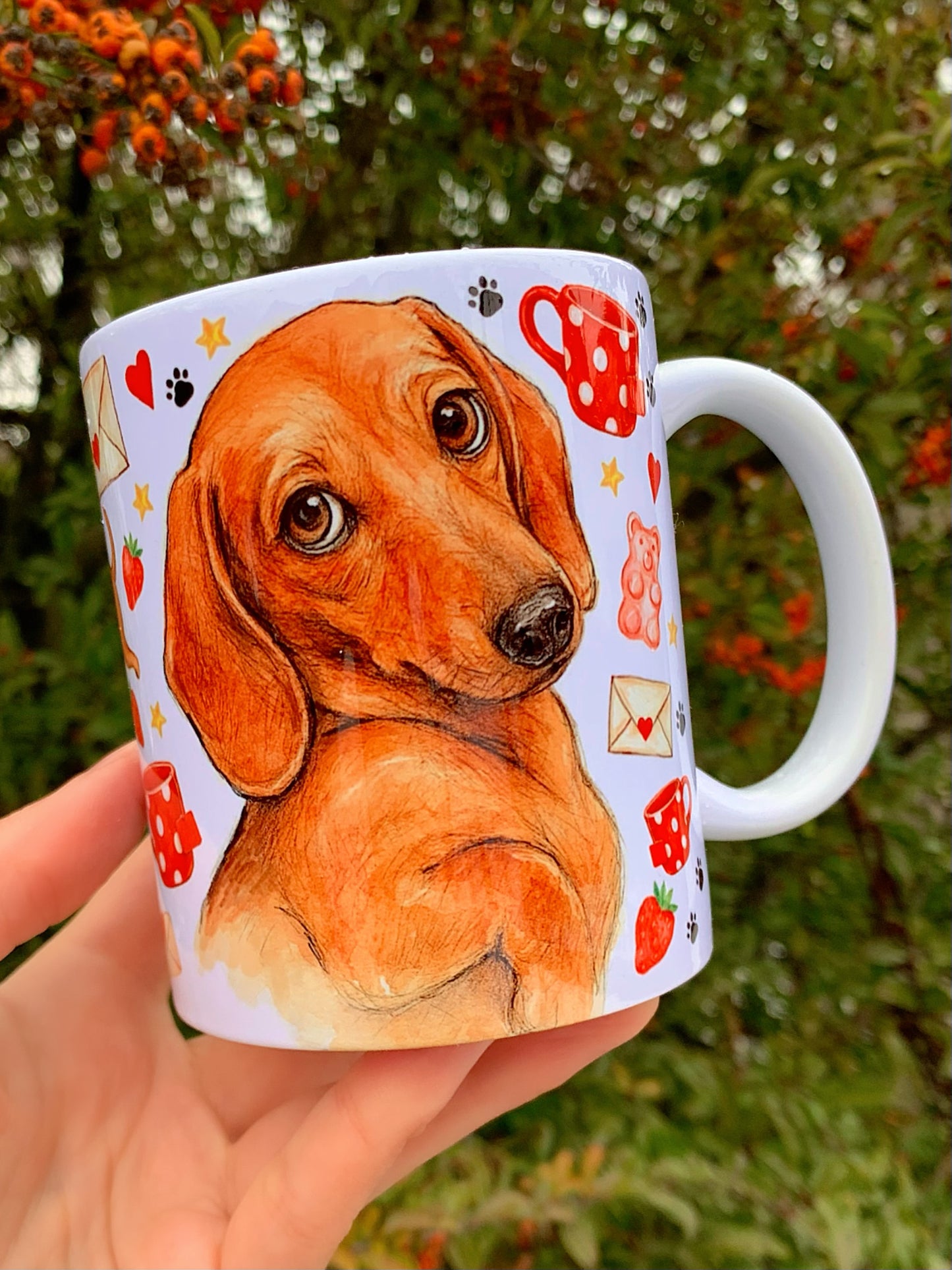 Prémium Barna Tacskós bögre - Kézzel festett Barna Tacskó levéllel és szív mintákkal