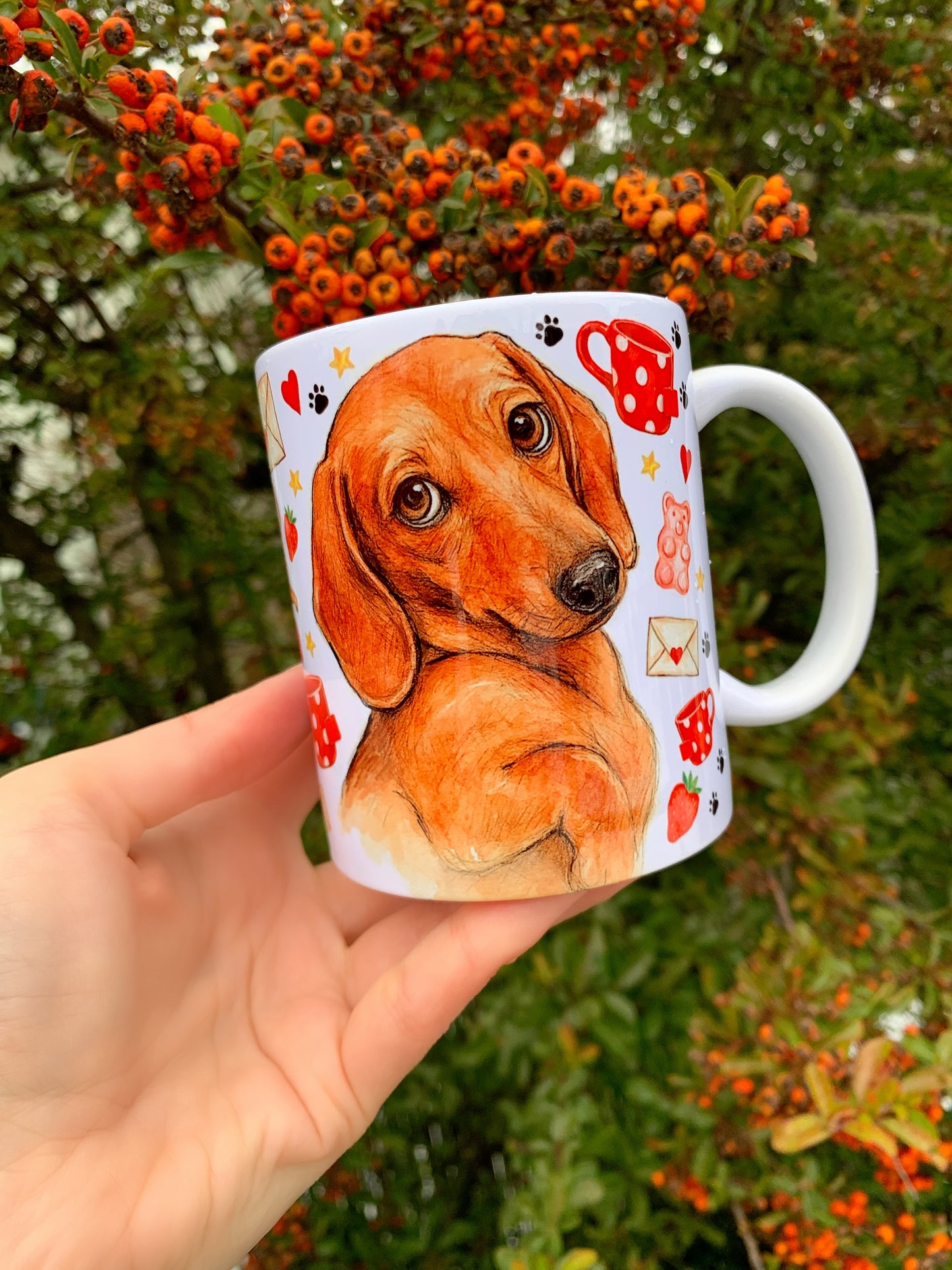 Prémium Barna Tacskós bögre - Kézzel festett Barna Tacskó levéllel és szív mintákkal